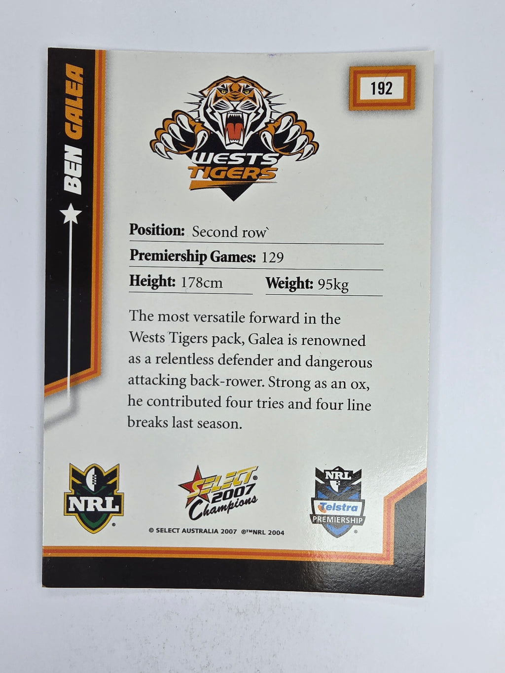 NRL 2007 Champions Base Card #192 Ben Galea Wests Tigers