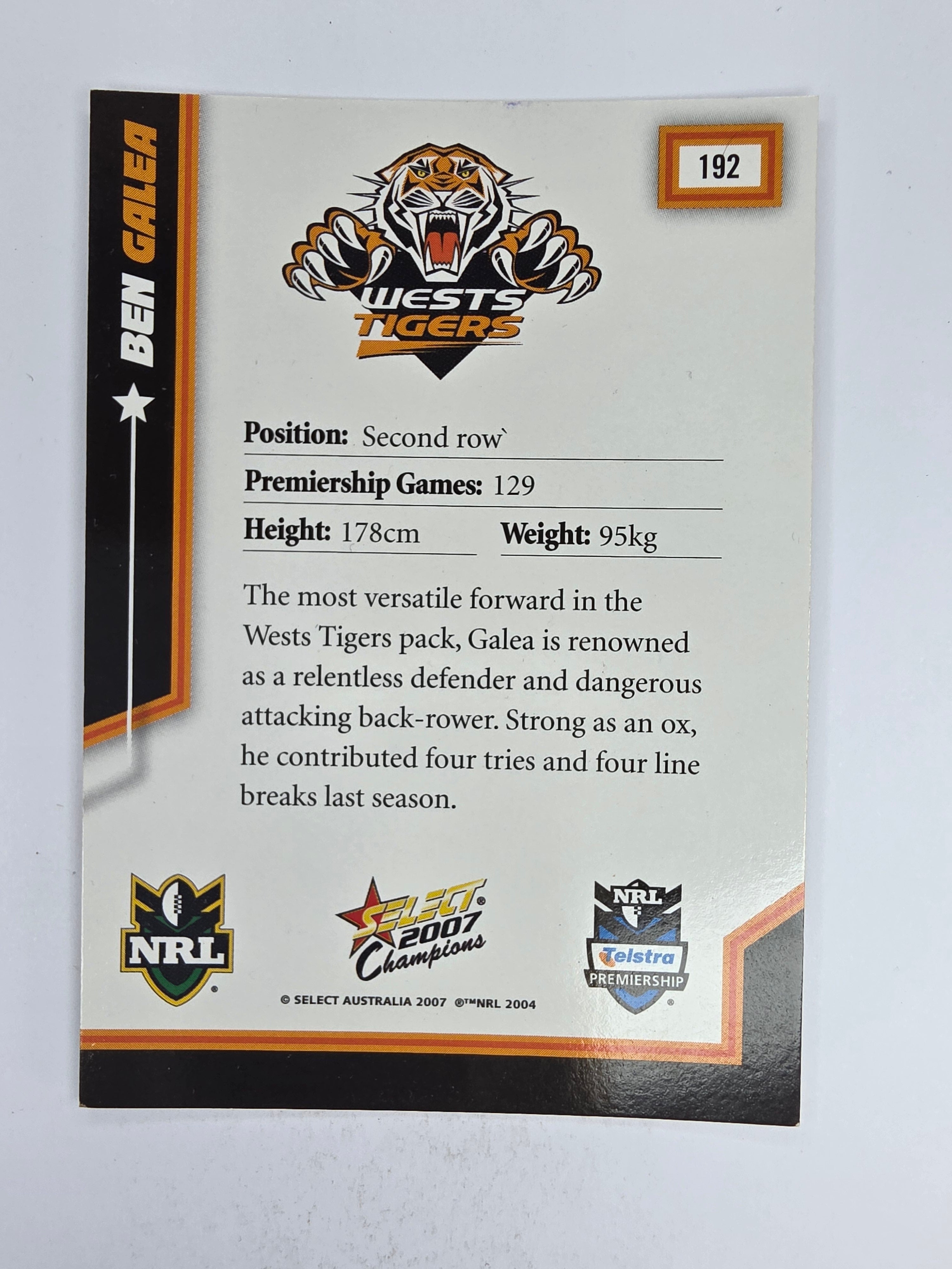 NRL 2007 Champions Base Card #192 Ben Galea Wests Tigers
