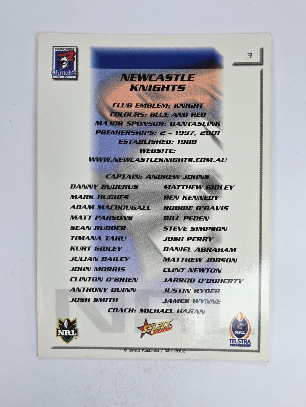 NRL 2002 Challenge Base Card #3 Newcastle Knights Logo