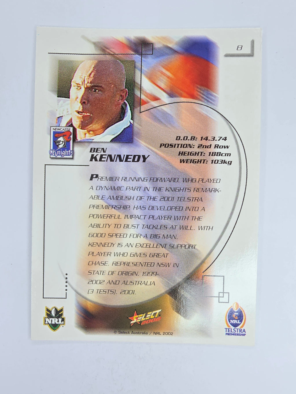 NRL 2002 Challenge Base Card #8 Ben Kennedy Newcastle Knights