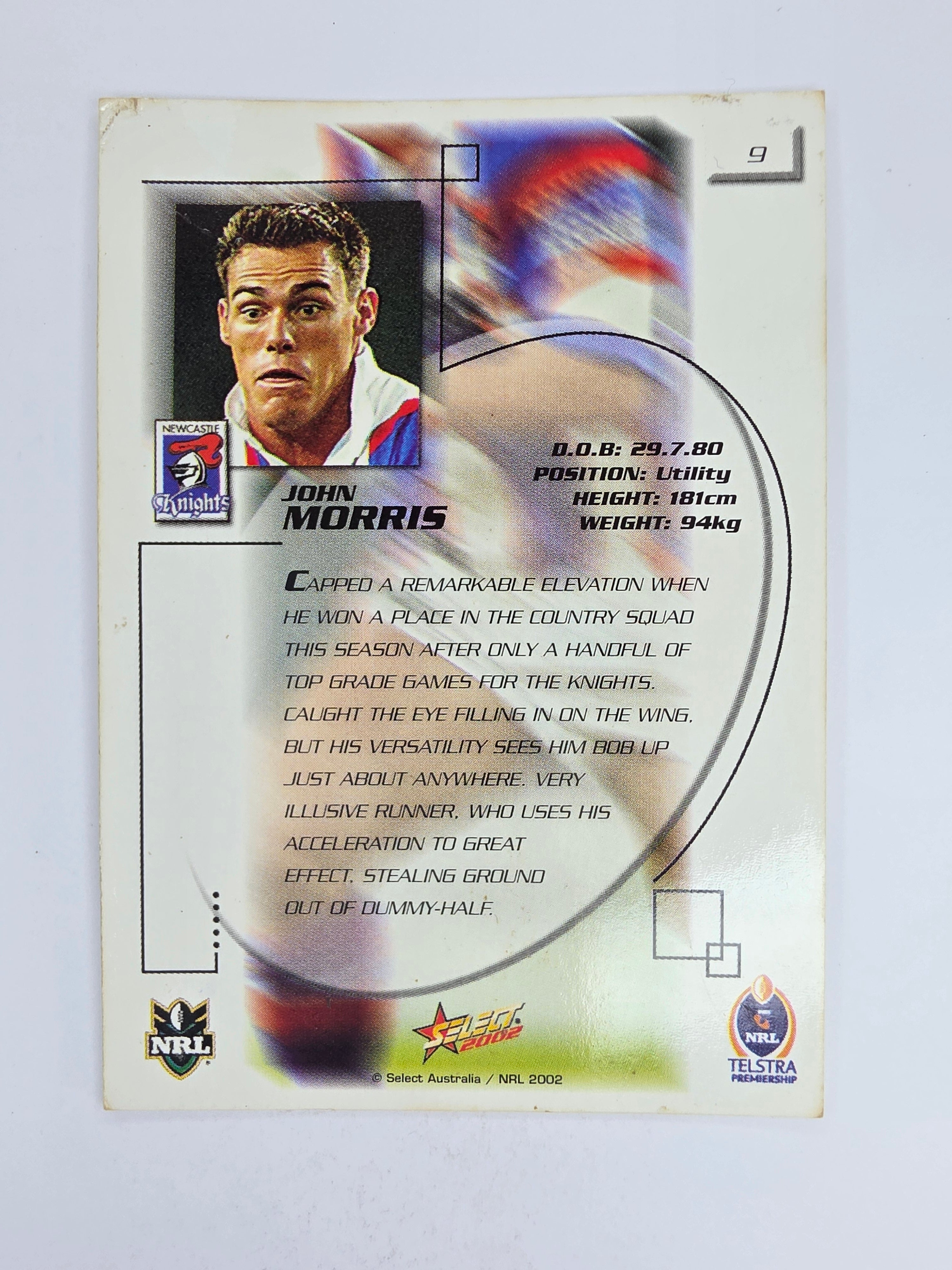 NRL 2002 Challenge Base Card #9 John Morris Newcastle Knights