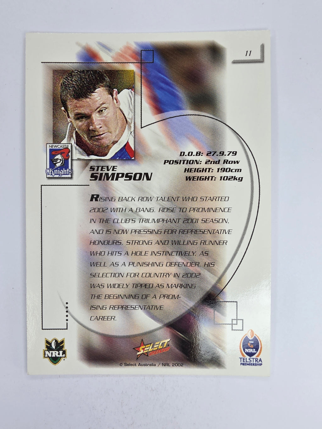 NRL 2002 Challenge Base Card #11 Steve Simpson Newcastle Knights