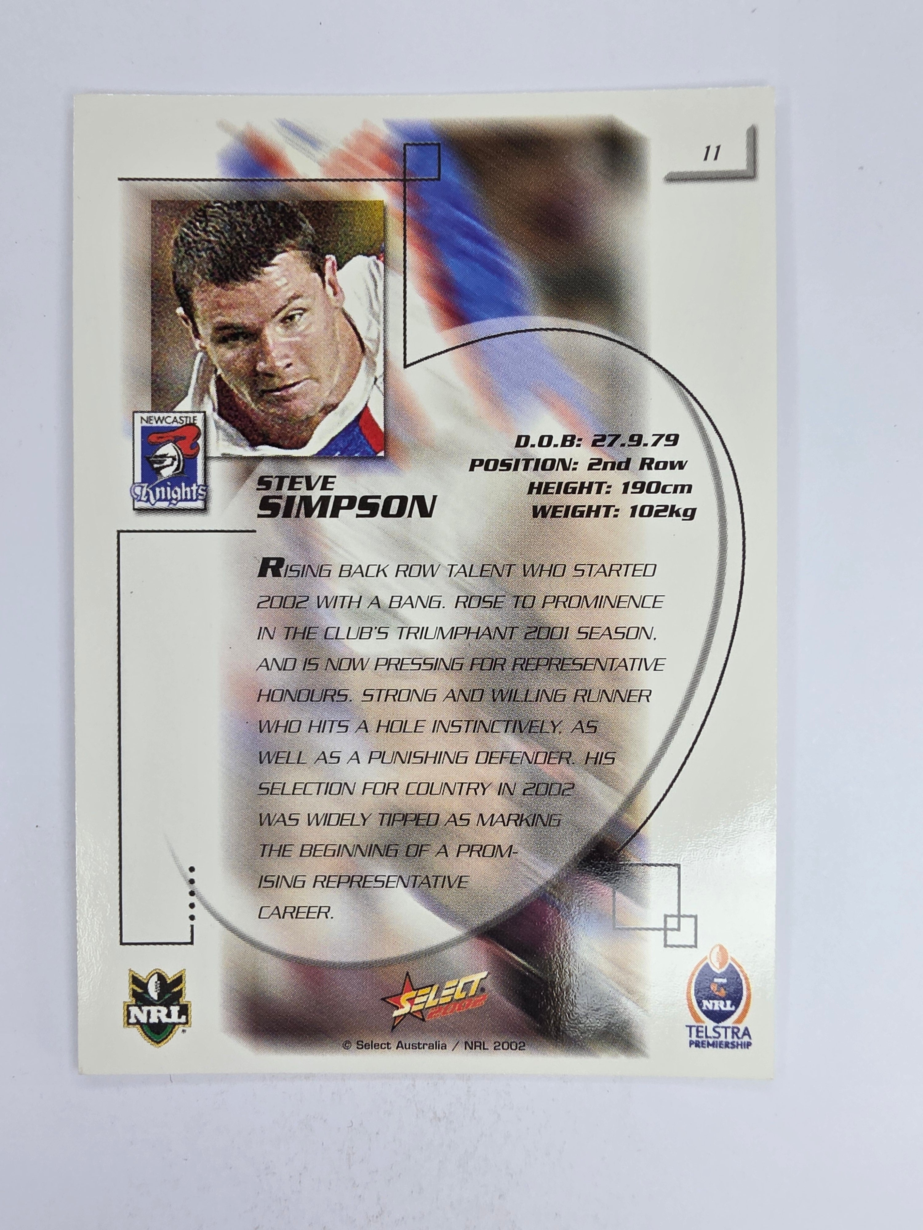 NRL 2002 Challenge Base Card #11 Steve Simpson Newcastle Knights
