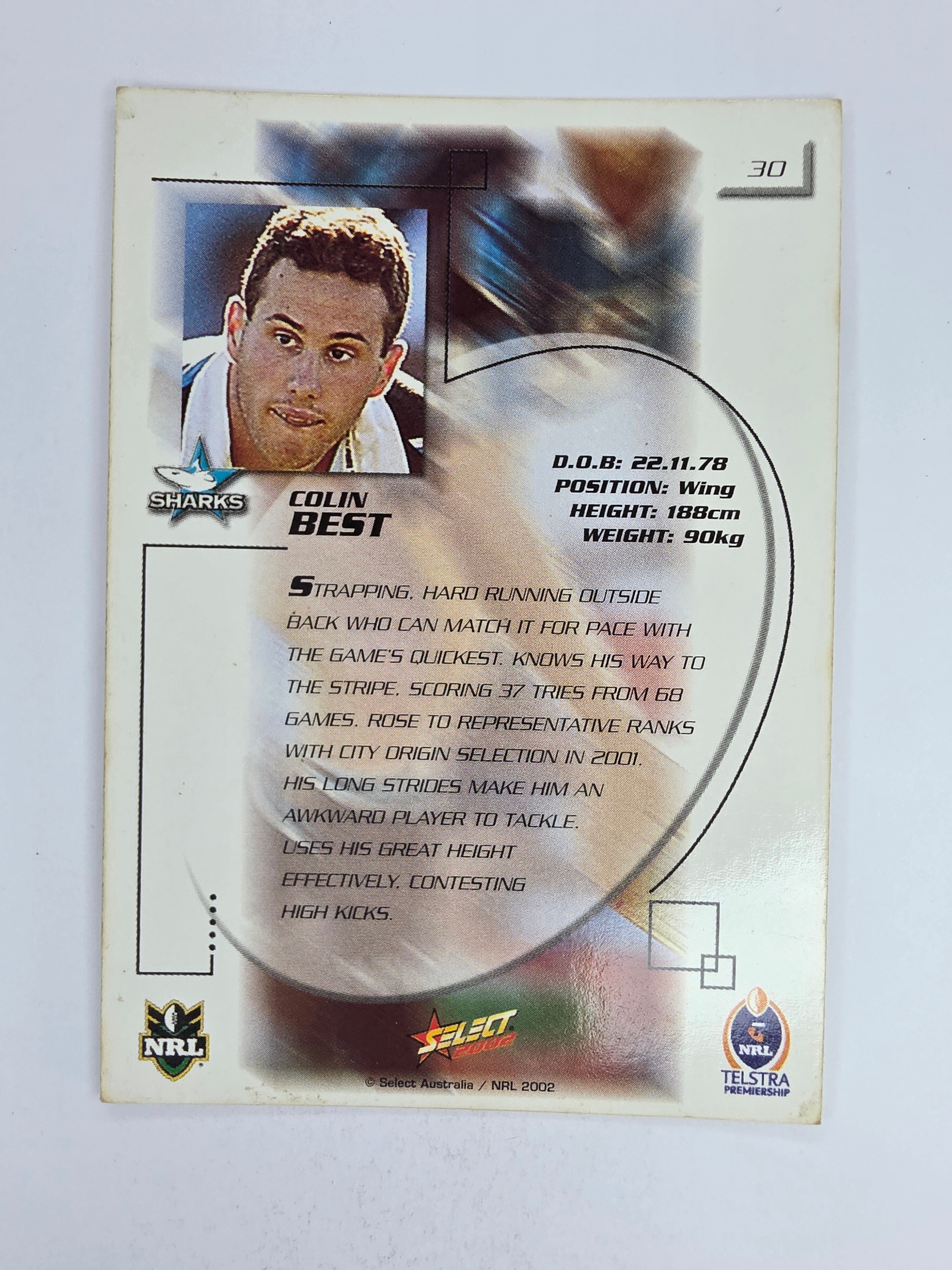 NRL 2002 Challenge Base Card #30 Colin Best Cronulla Sutherland Sharks