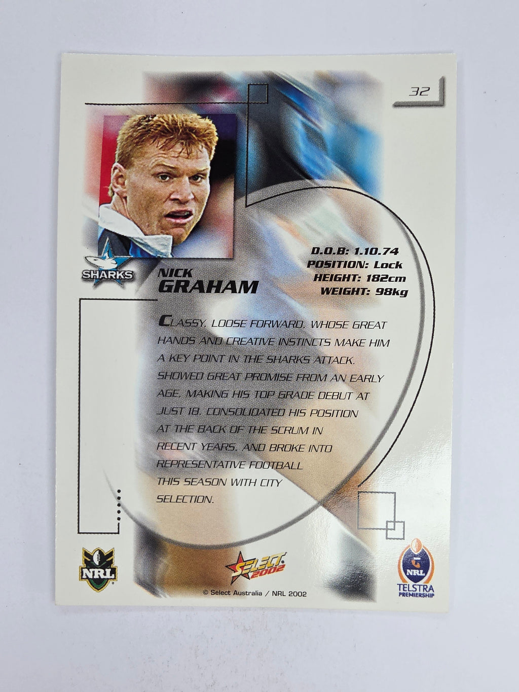 NRL 2002 Challenge Base Card #32 Nick Graham Cronulla Sutherland Sharks
