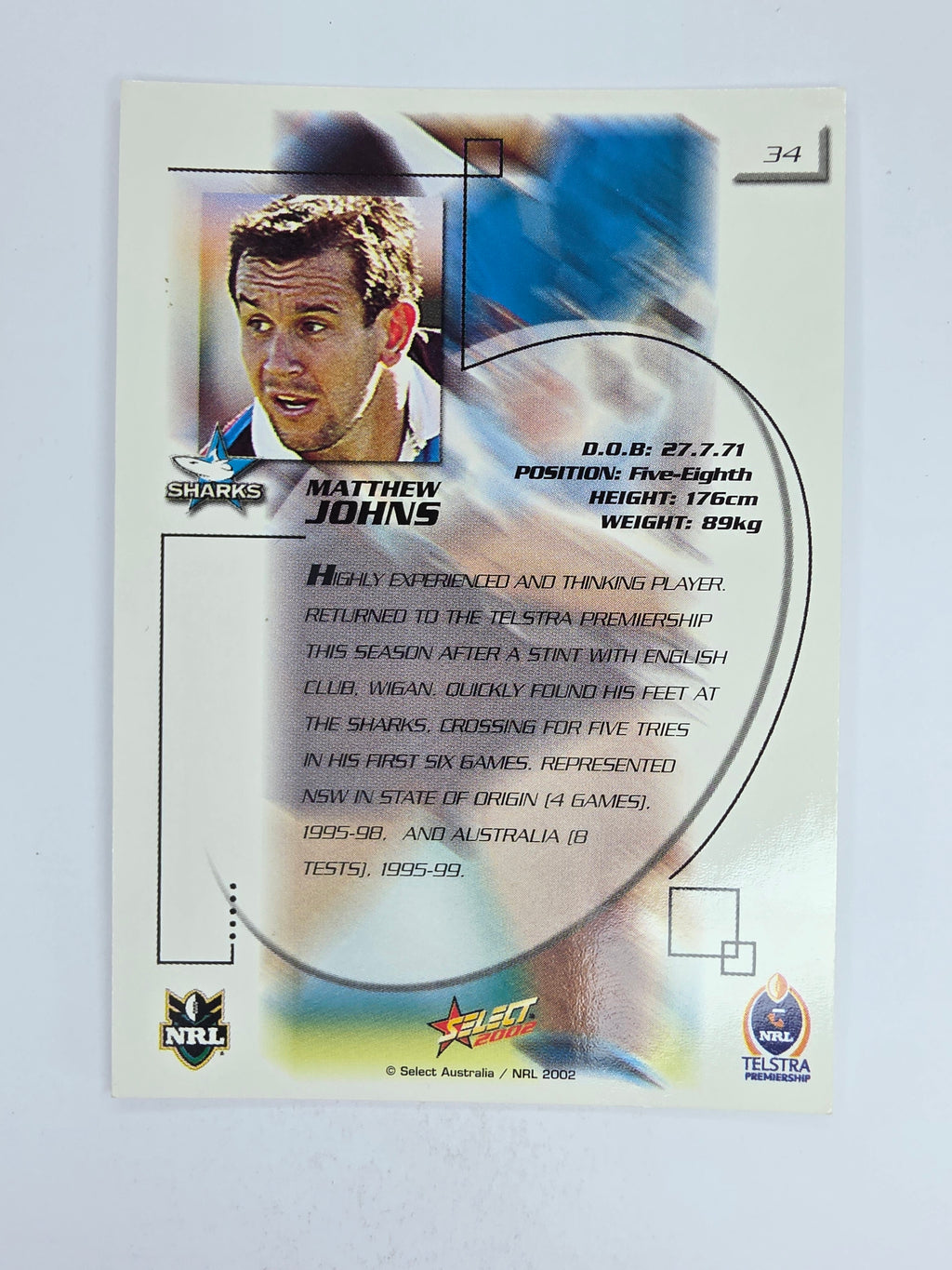 NRL 2002 Challenge Base Card #34 Matthew Johns Cronulla Sutherland Sharks