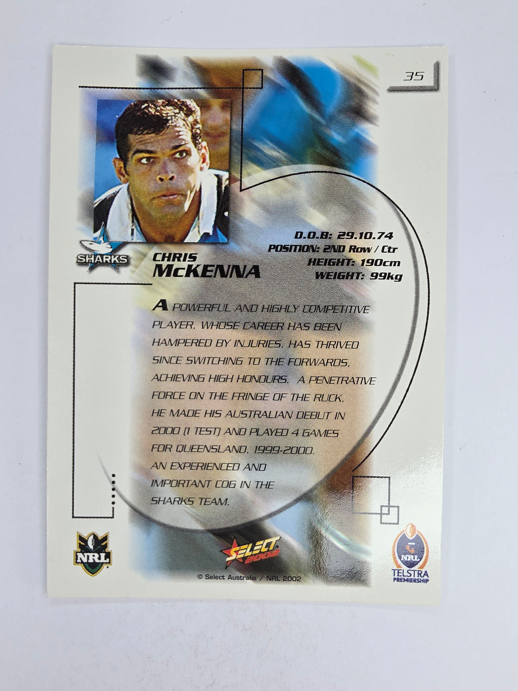 NRL 2002 Challenge Base Card #35 Chris McKenna Cronulla Sutherland Sharks