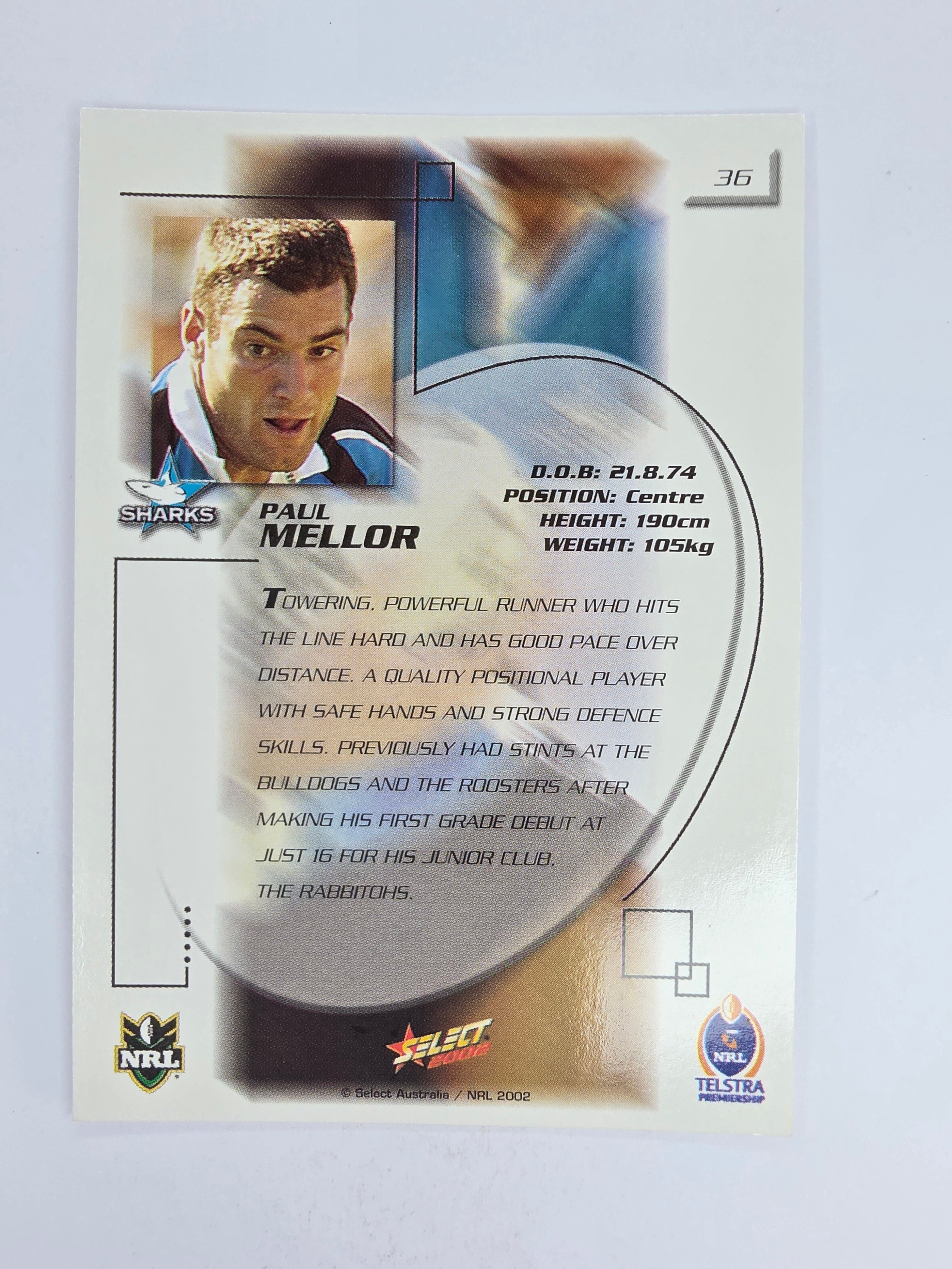NRL 2002 Challenge Base Card #36 Paul Mellor Cronulla Sutherland Sharks