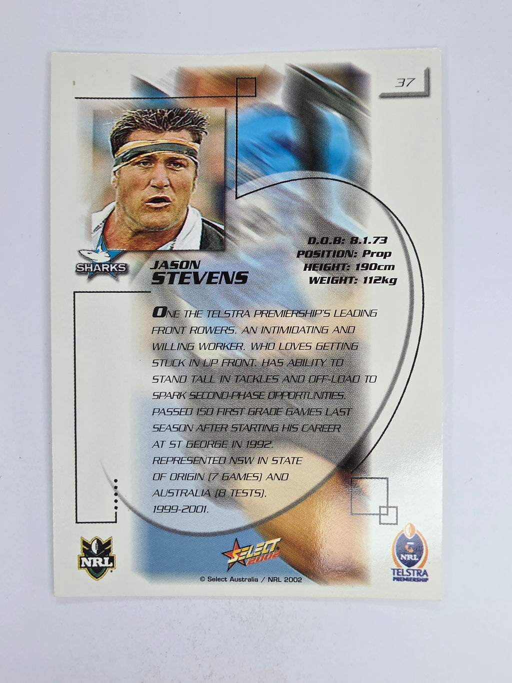 NRL 2002 Challenge Base Card #37 Jason Stevens Cronulla Sutherland Sharks