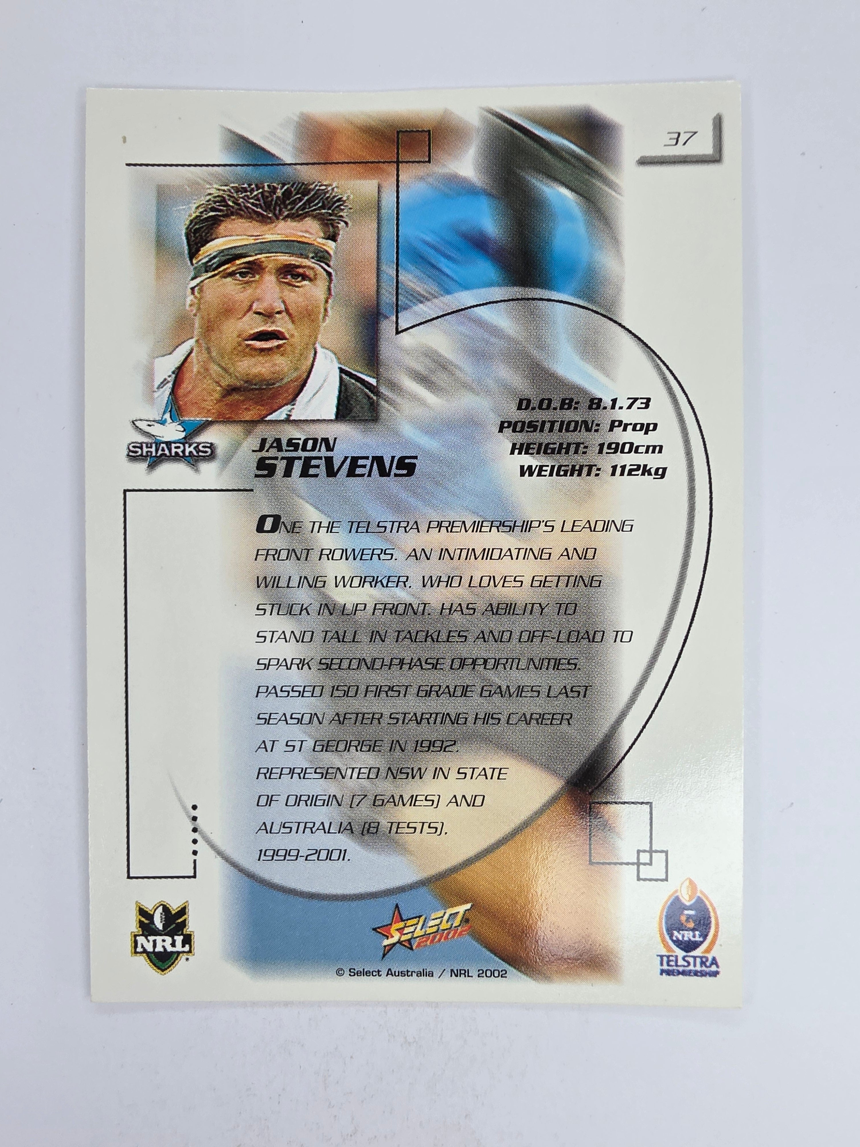 NRL 2002 Challenge Base Card #37 Jason Stevens Cronulla Sutherland Sharks