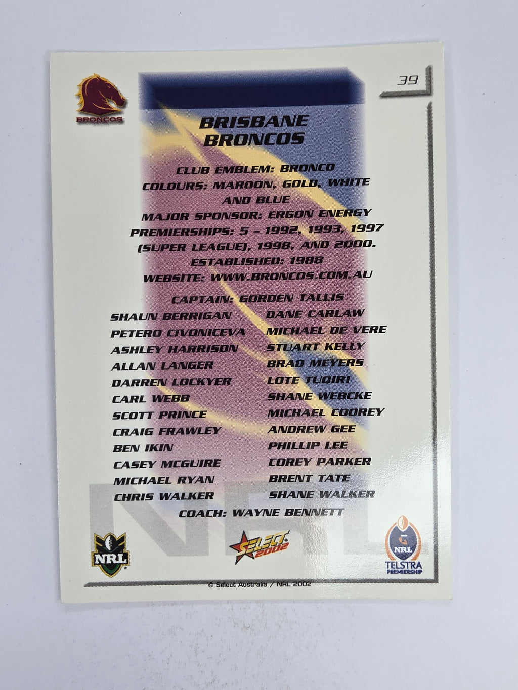 NRL 2002 Challenge Base Card #39 Brisbane Broncos Logo