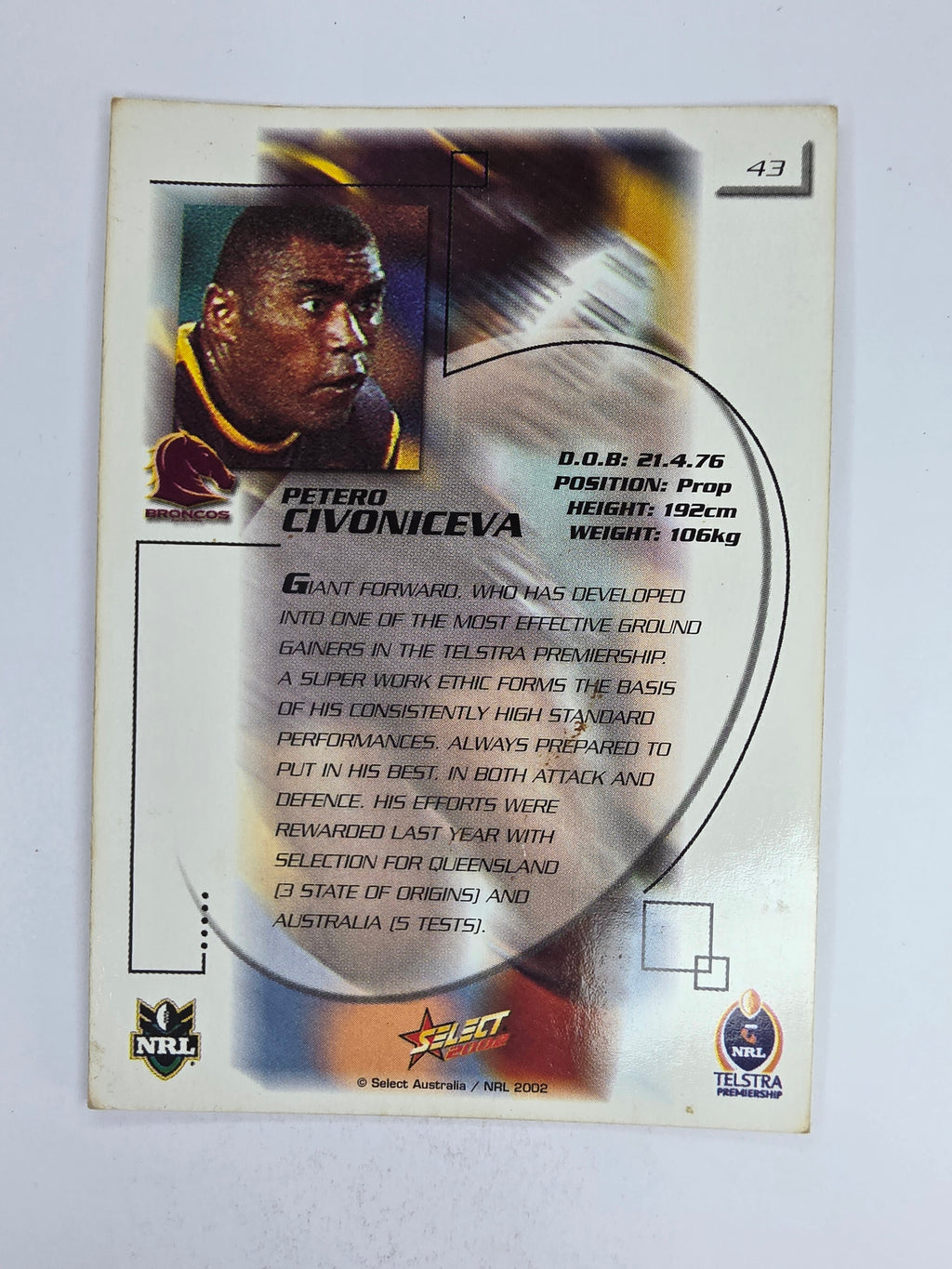 NRL 2002 Challenge Base Card #43 Petero Civoniceva Brisbane Broncos