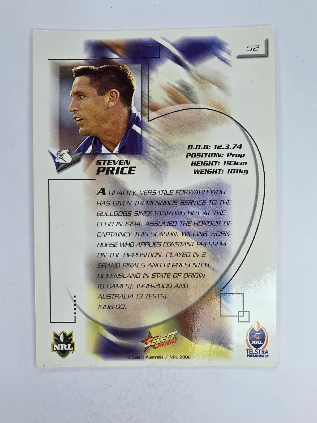 NRL 2002 Challenge Base Card #52 Steven Price Canterbury Bankstown Bulldogs