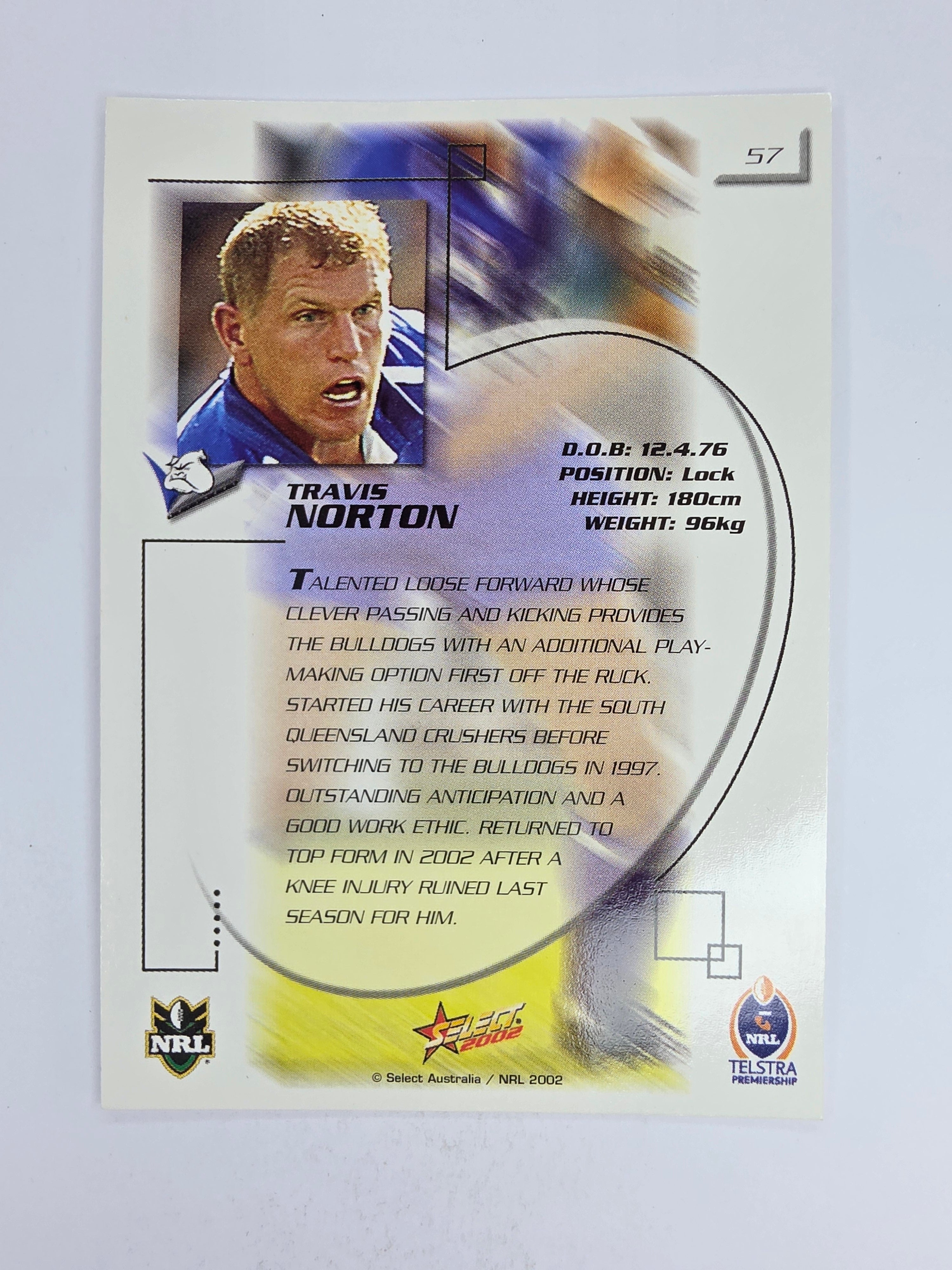 NRL 2002 Challenge Base Card #57 Travis Norton Canterbury Bankstown Bulldogs