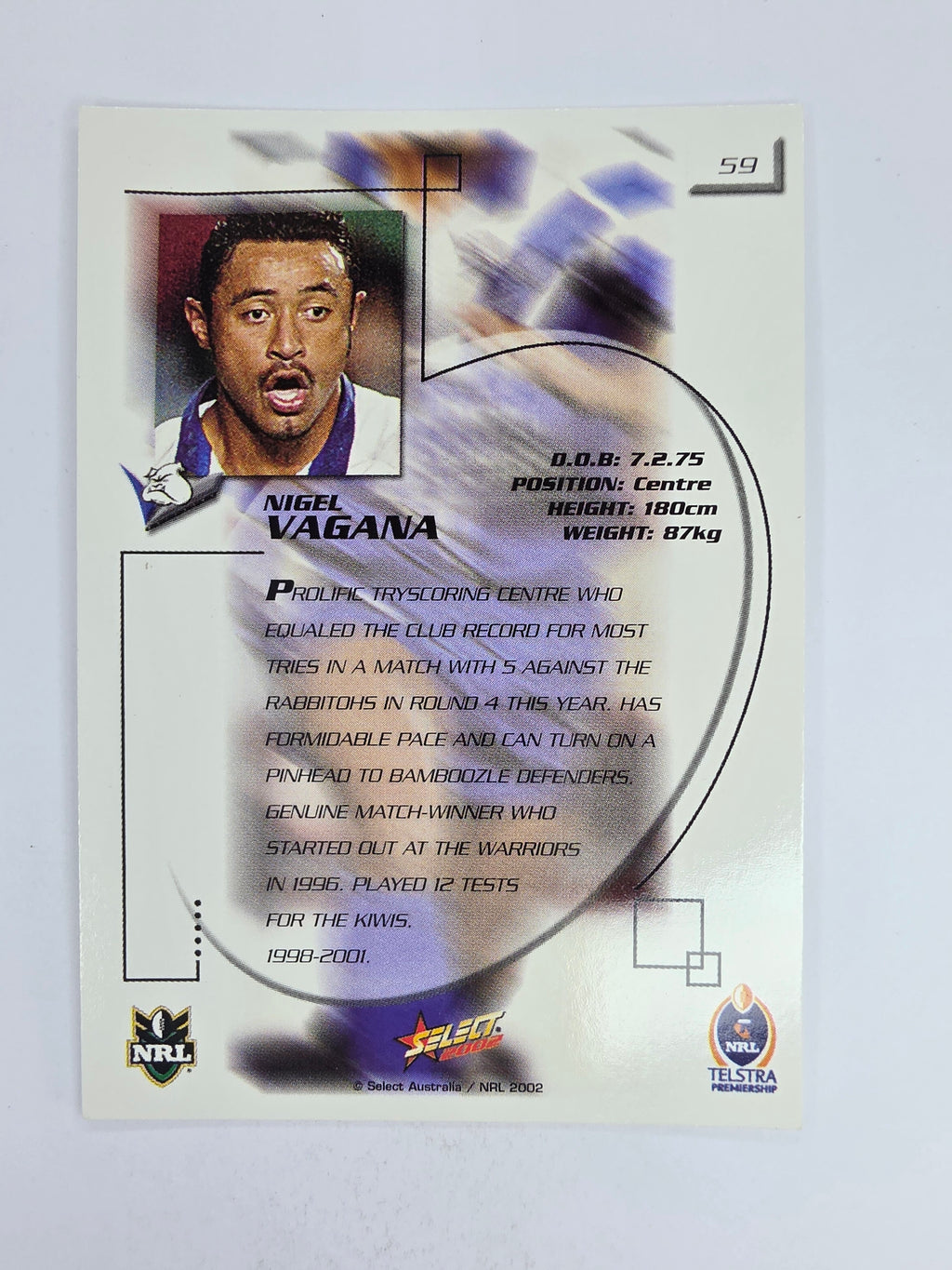 NRL 2002 Challenge Base Card #59 Nigel Vagana Canterbury Bankstown Bulldogs