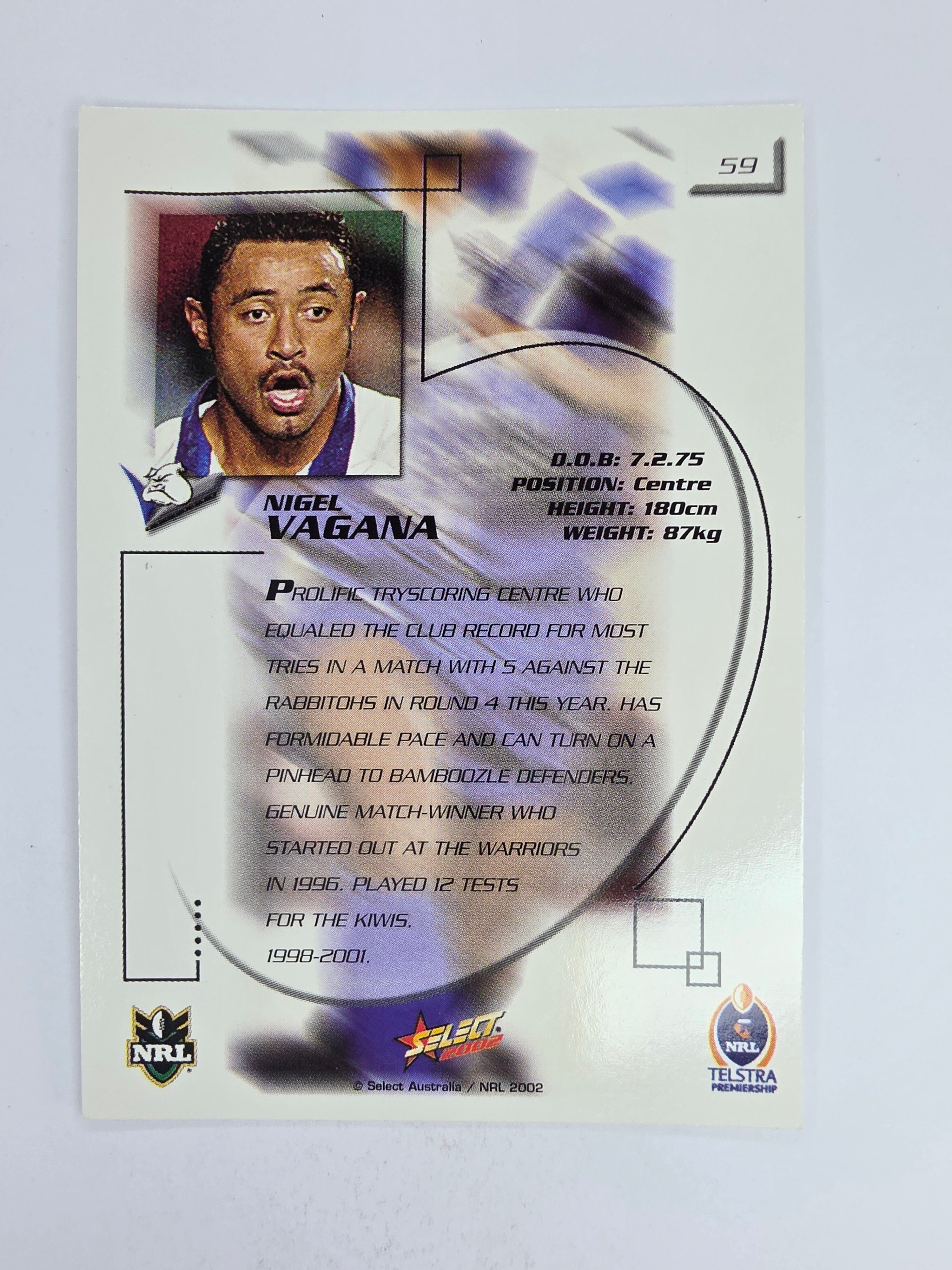 NRL 2002 Challenge Base Card #59 Nigel Vagana Canterbury Bankstown Bulldogs