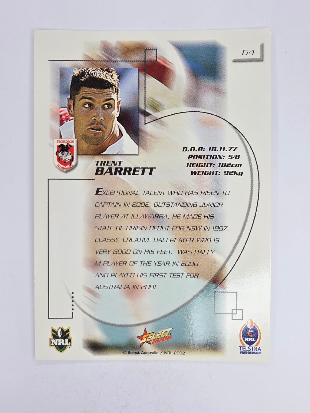 NRL 2002 Challenge Base Card #64 Trent Barrett St George Illawarra Dragons