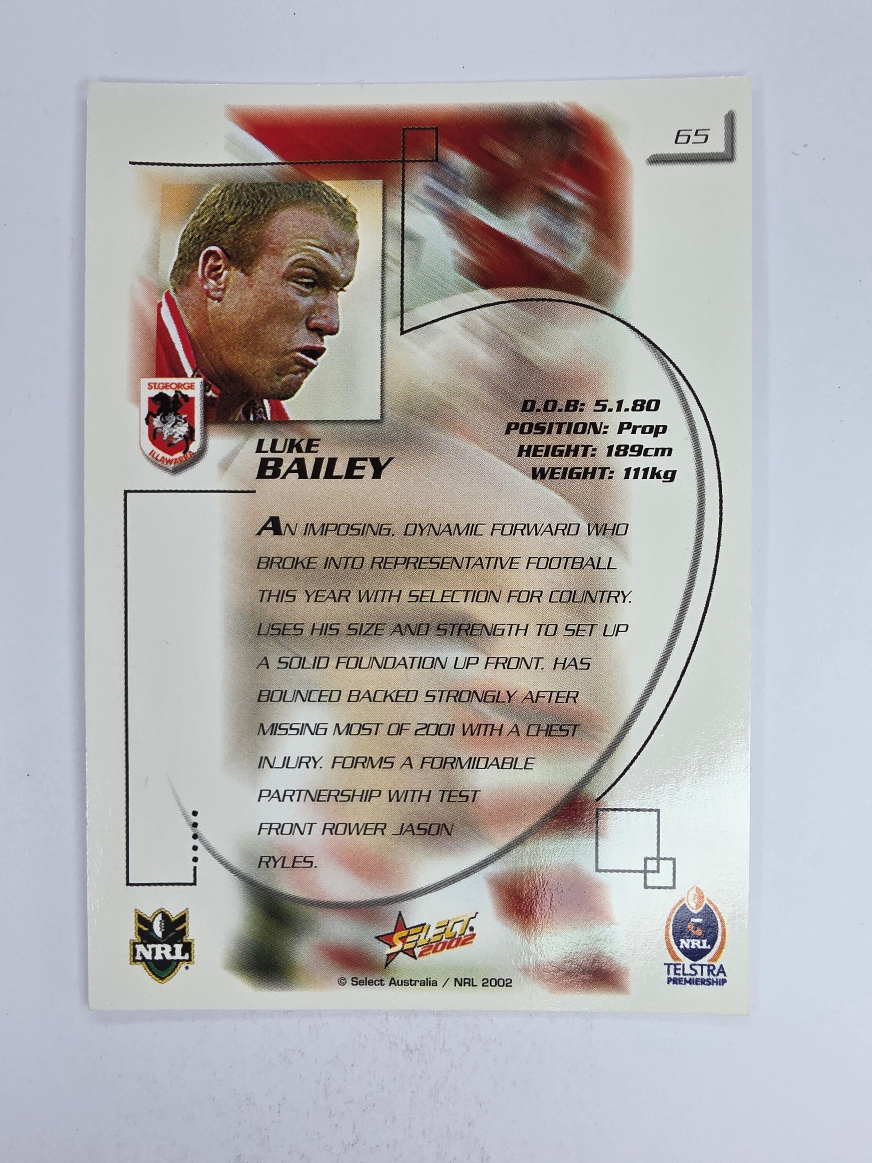 NRL 2002 Challenge Base Card #65 Luke Bailey St George Illawarra Dragons