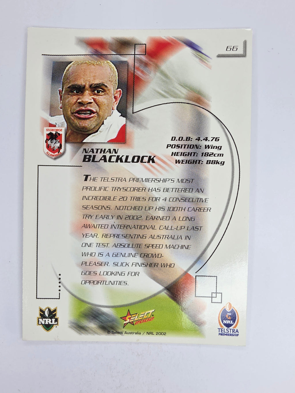 NRL 2002 Challenge Base Card #66 Nathan Blacklock St George Illawarra Dragons