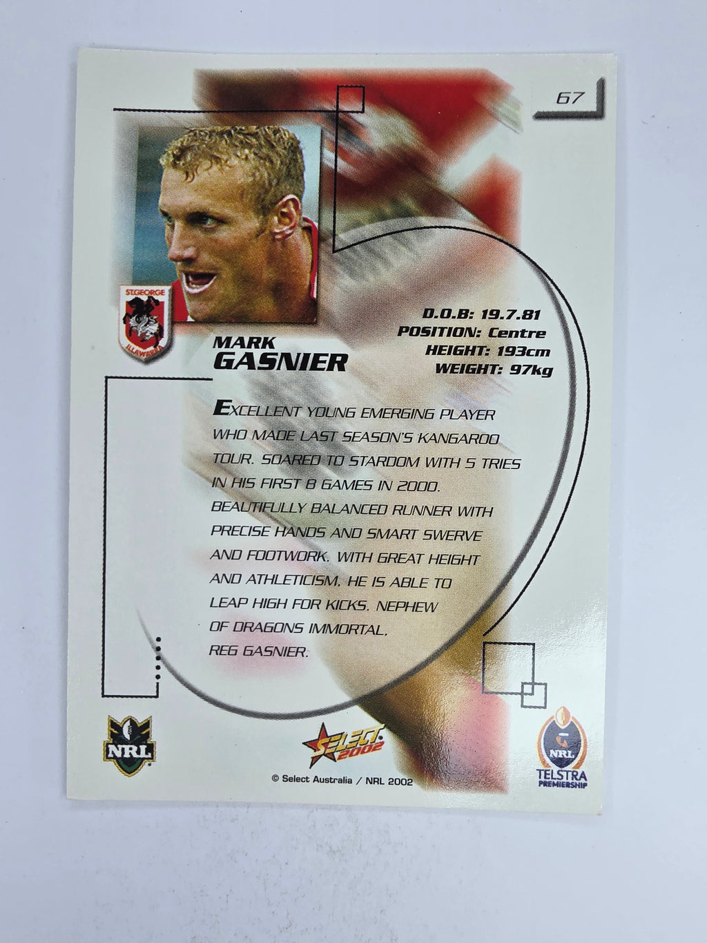 NRL 2002 Challenge Base Card #67 Mark Gasnier St George Illawarra Dragons