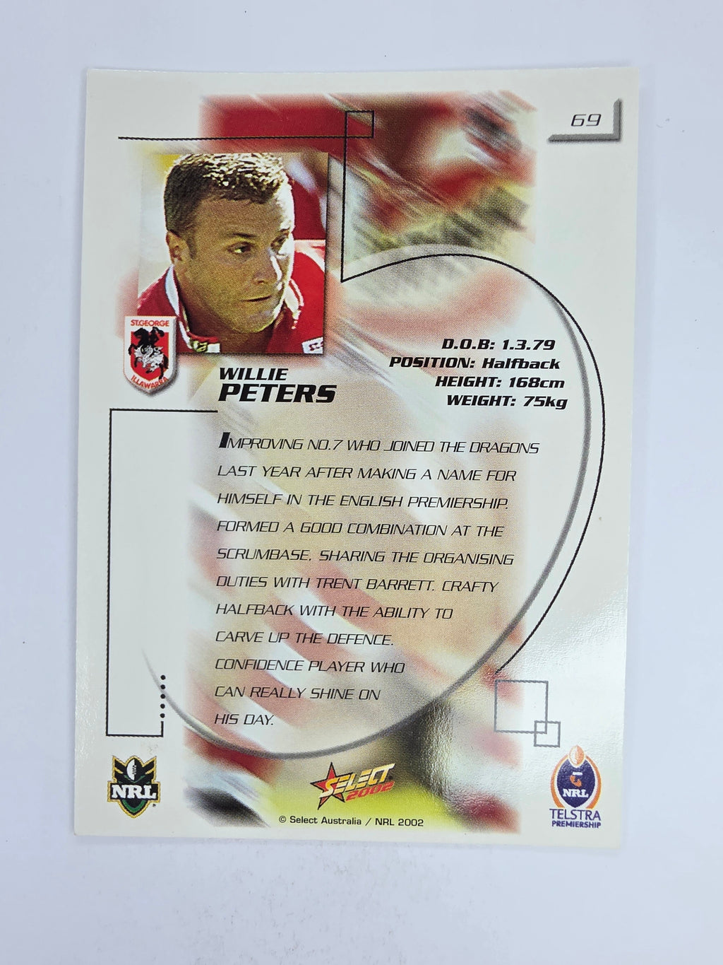 NRL 2002 Challenge Base Card #69 Willie Peters St George Illawarra Dragons