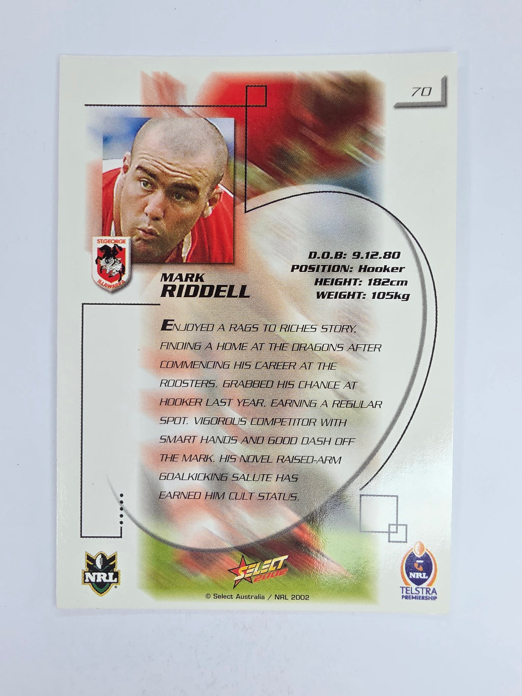 NRL 2002 Challenge Base Card #70 Mark Riddell St George Illawarra Dragons