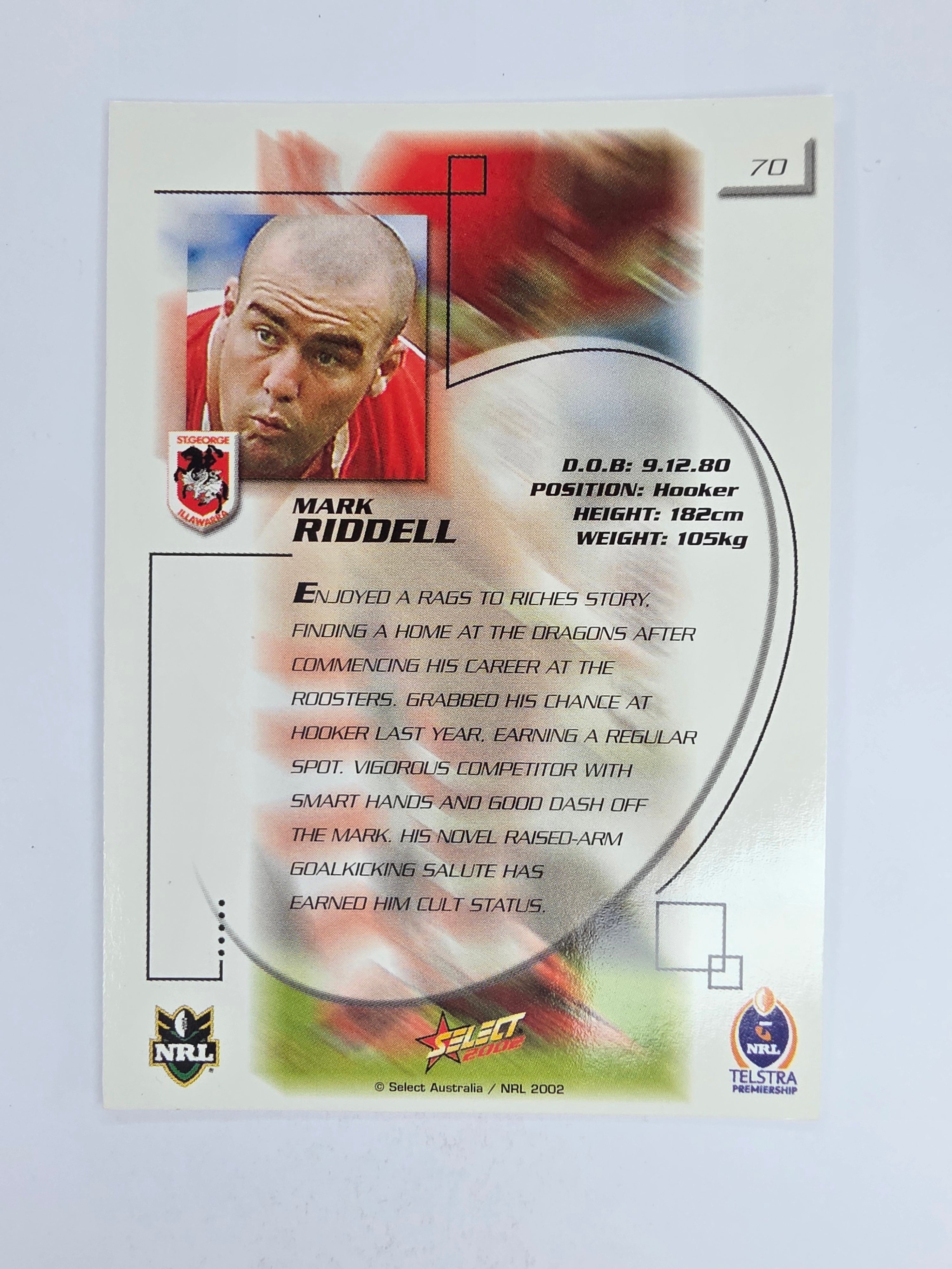 NRL 2002 Challenge Base Card #70 Mark Riddell St George Illawarra Dragons