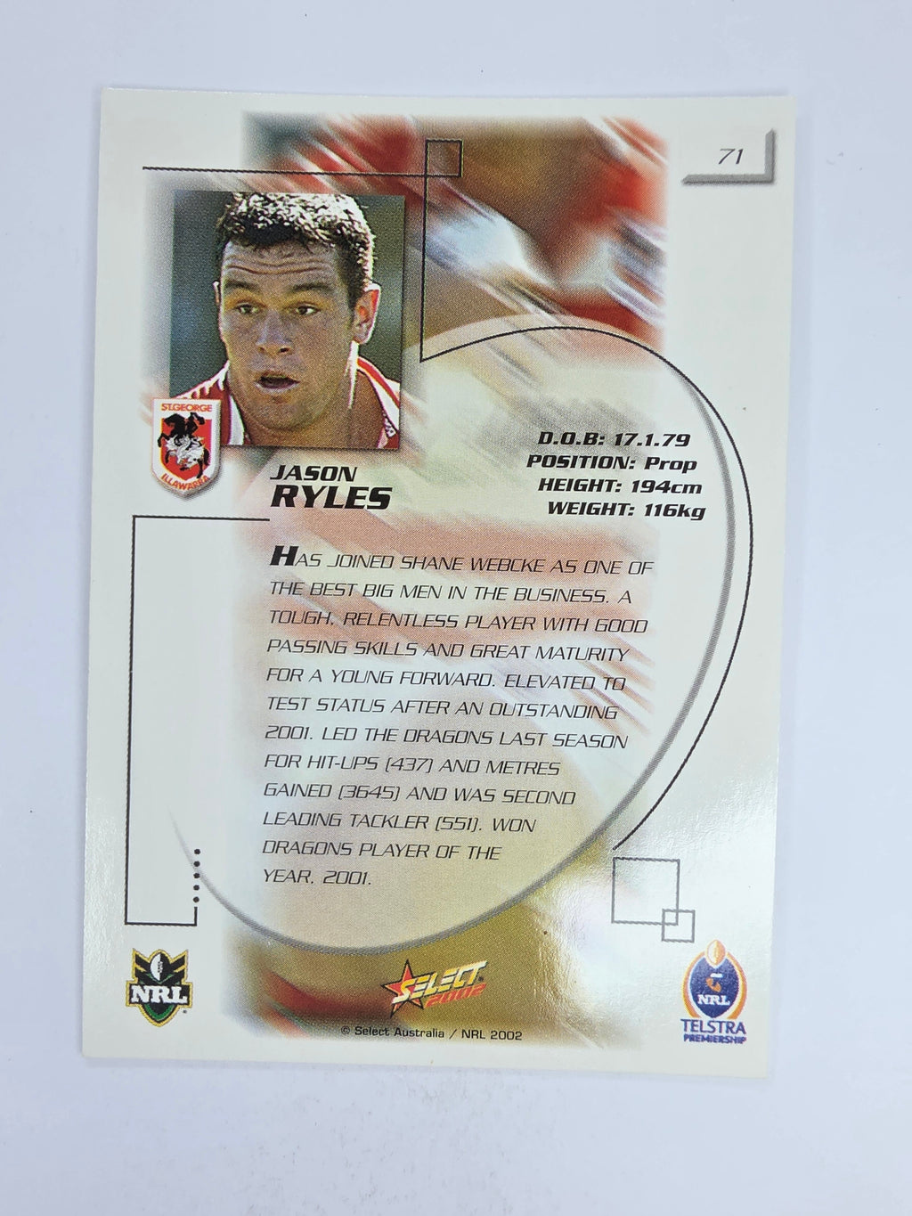 NRL 2002 Challenge Base Card #71 Jason Ryles St George Illawarra Dragons