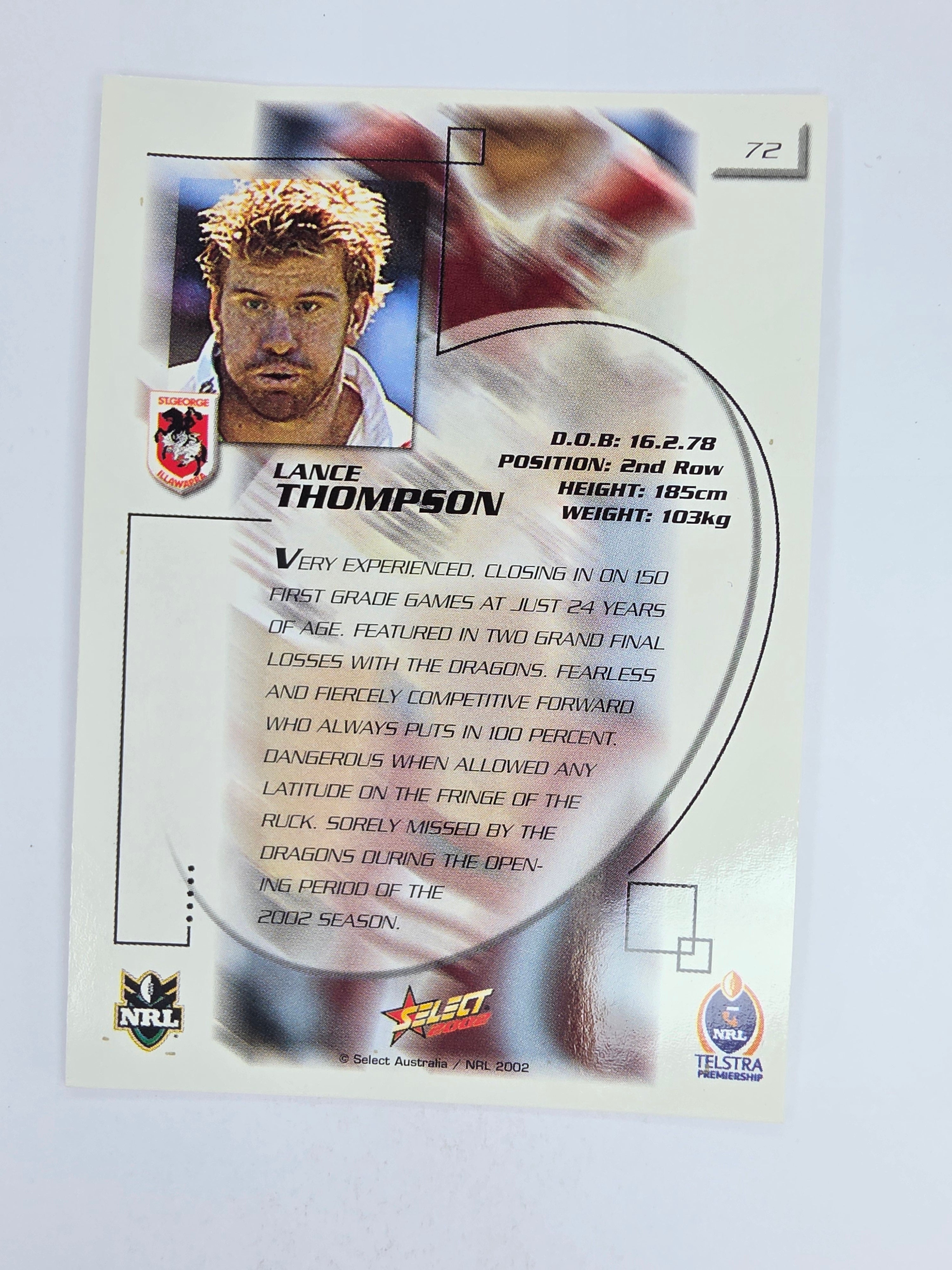 NRL 2002 Challenge Base Card #72 Lance Thompson St George Illawarra Dragons