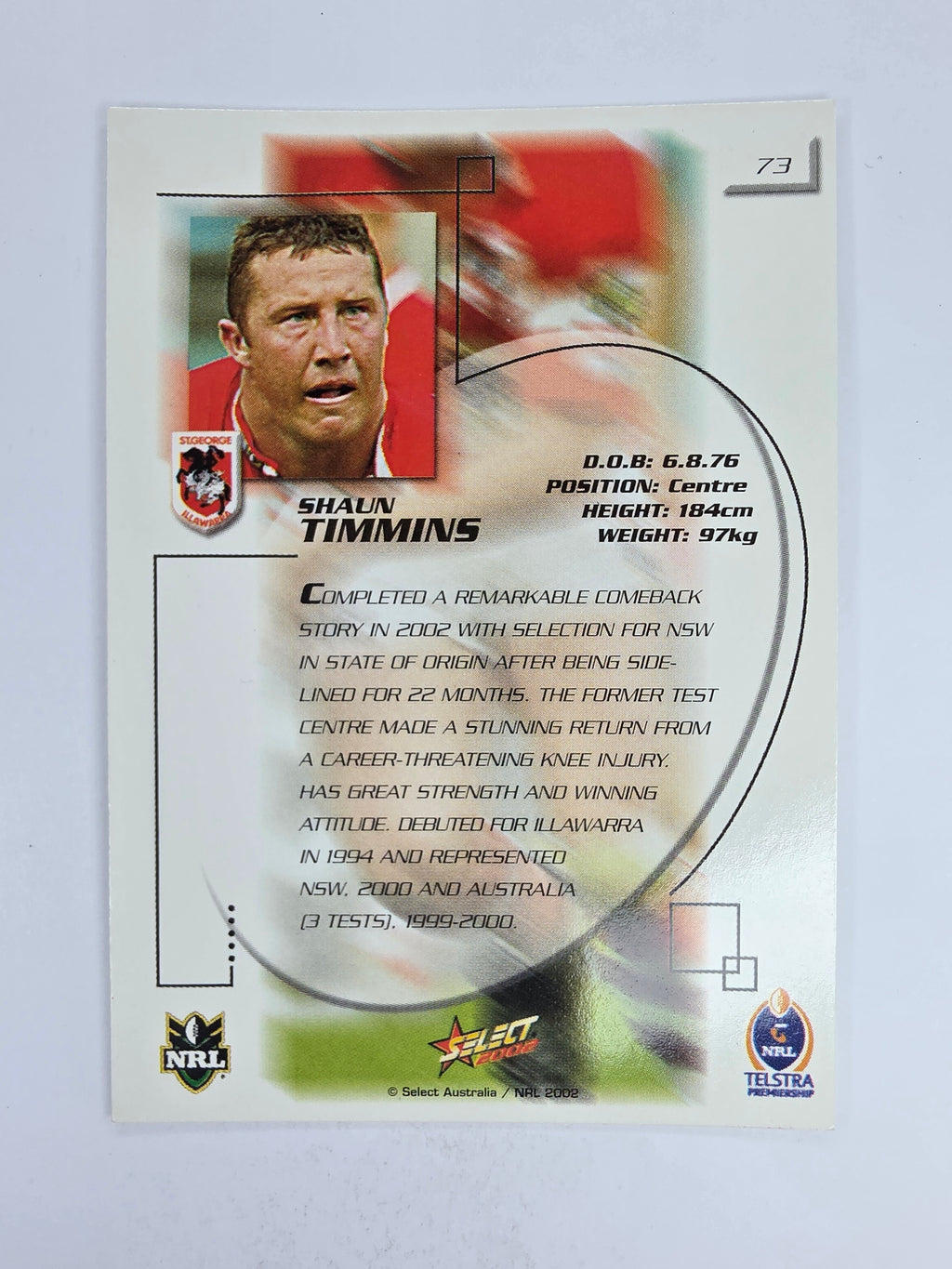 NRL 2002 Challenge Base Card #73 Shaun Timmins St George Illawarra Dragons