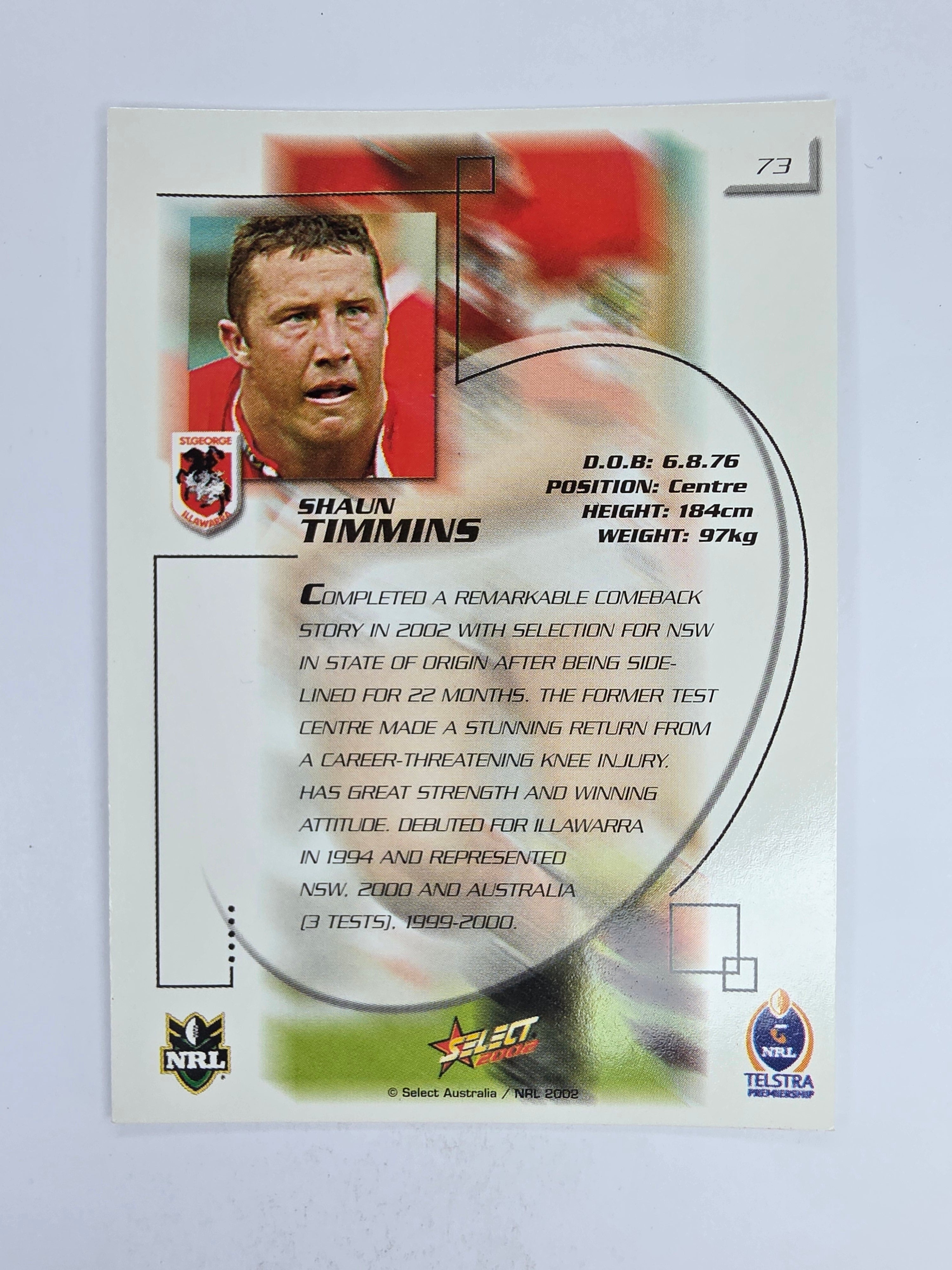 NRL 2002 Challenge Base Card #73 Shaun Timmins St George Illawarra Dragons