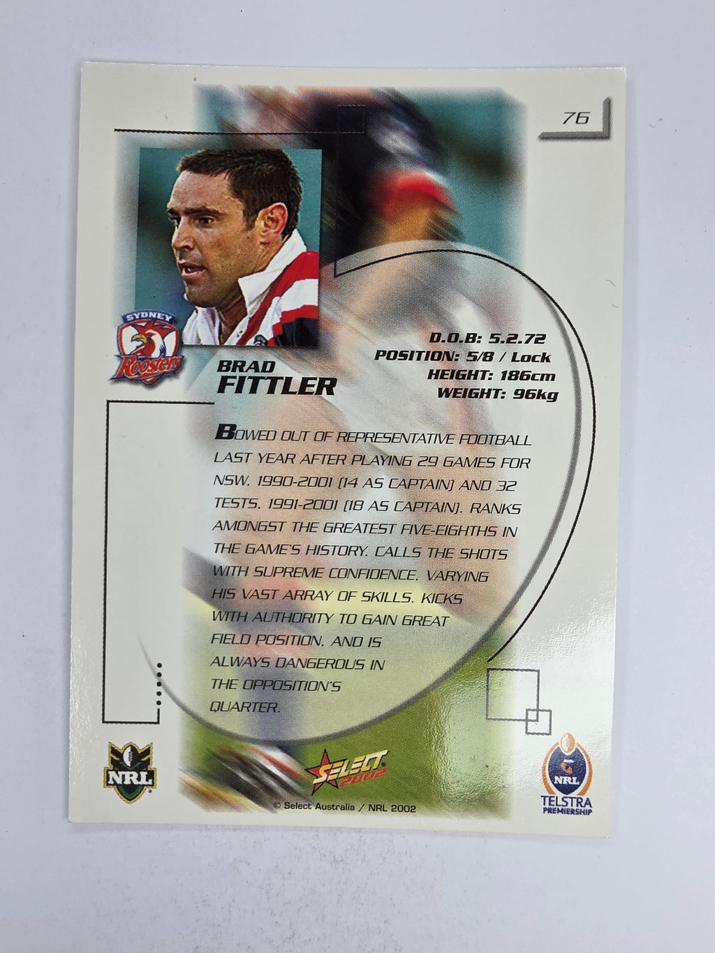 NRL 2002 Challenge Base Card #76 Brad Fittler Sydney Roosters