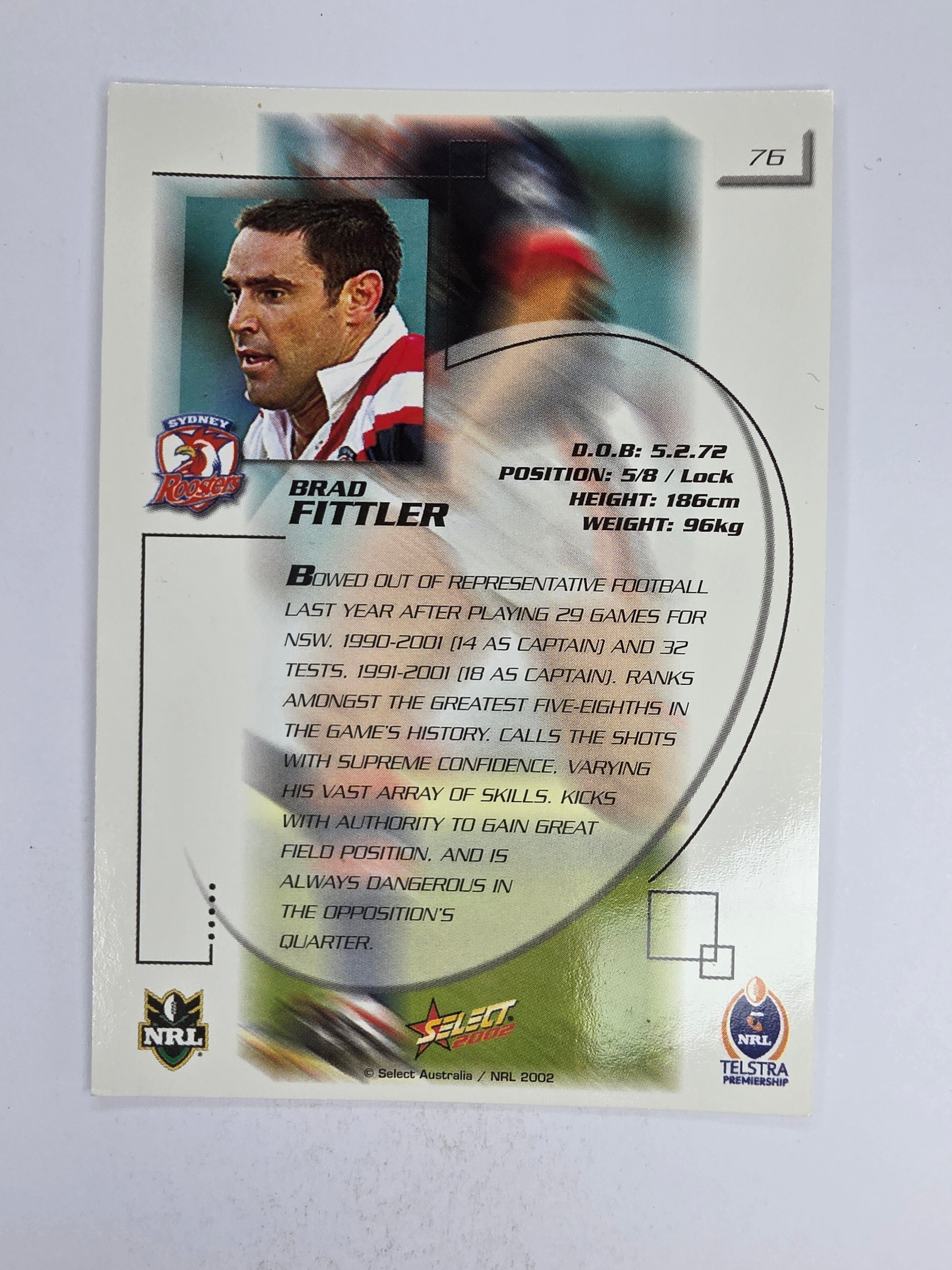 NRL 2002 Challenge Base Card #76 Brad Fittler Sydney Roosters