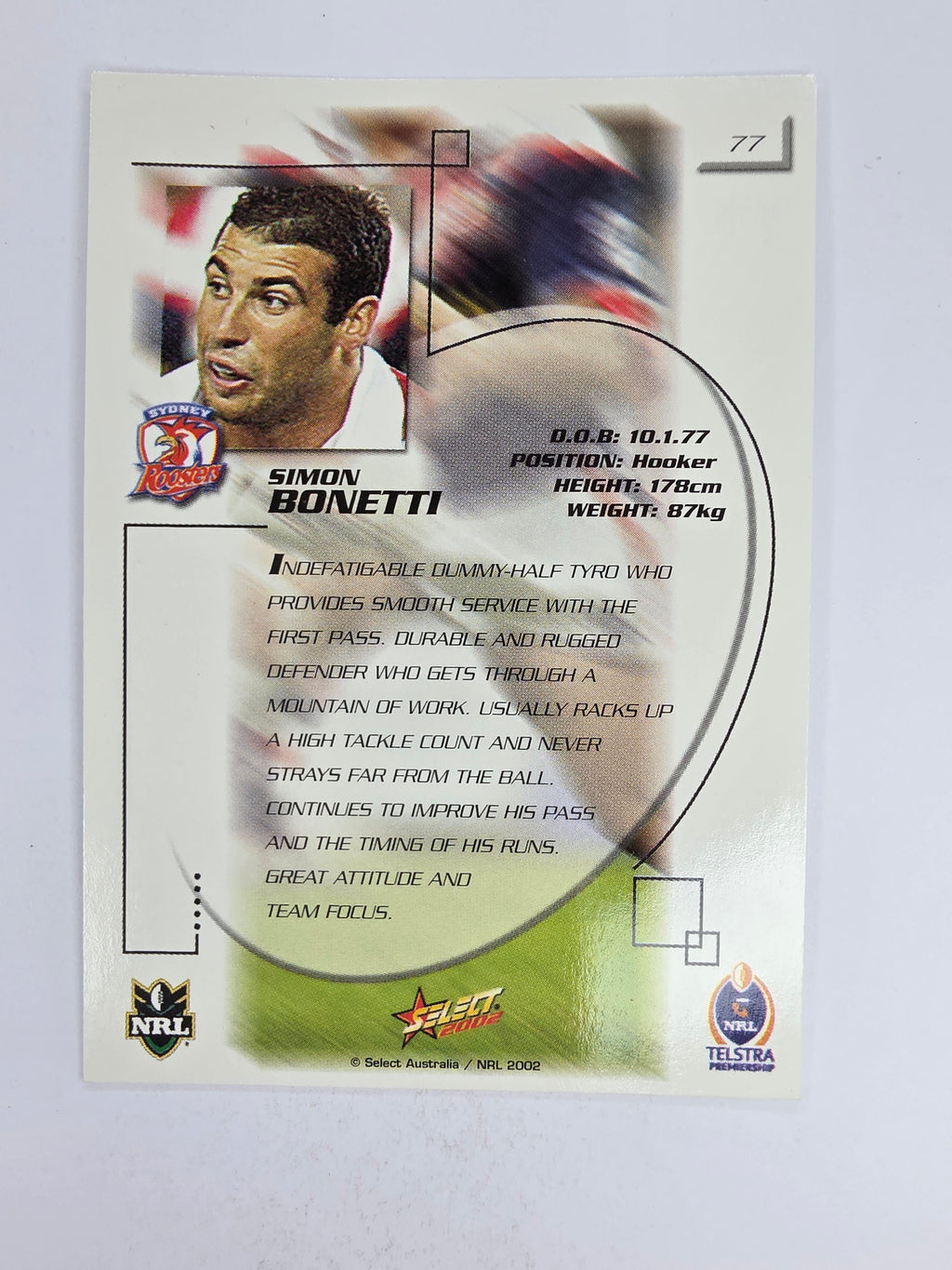 NRL 2002 Challenge Base Card #77 Simon Bonetti Sydney Roosters