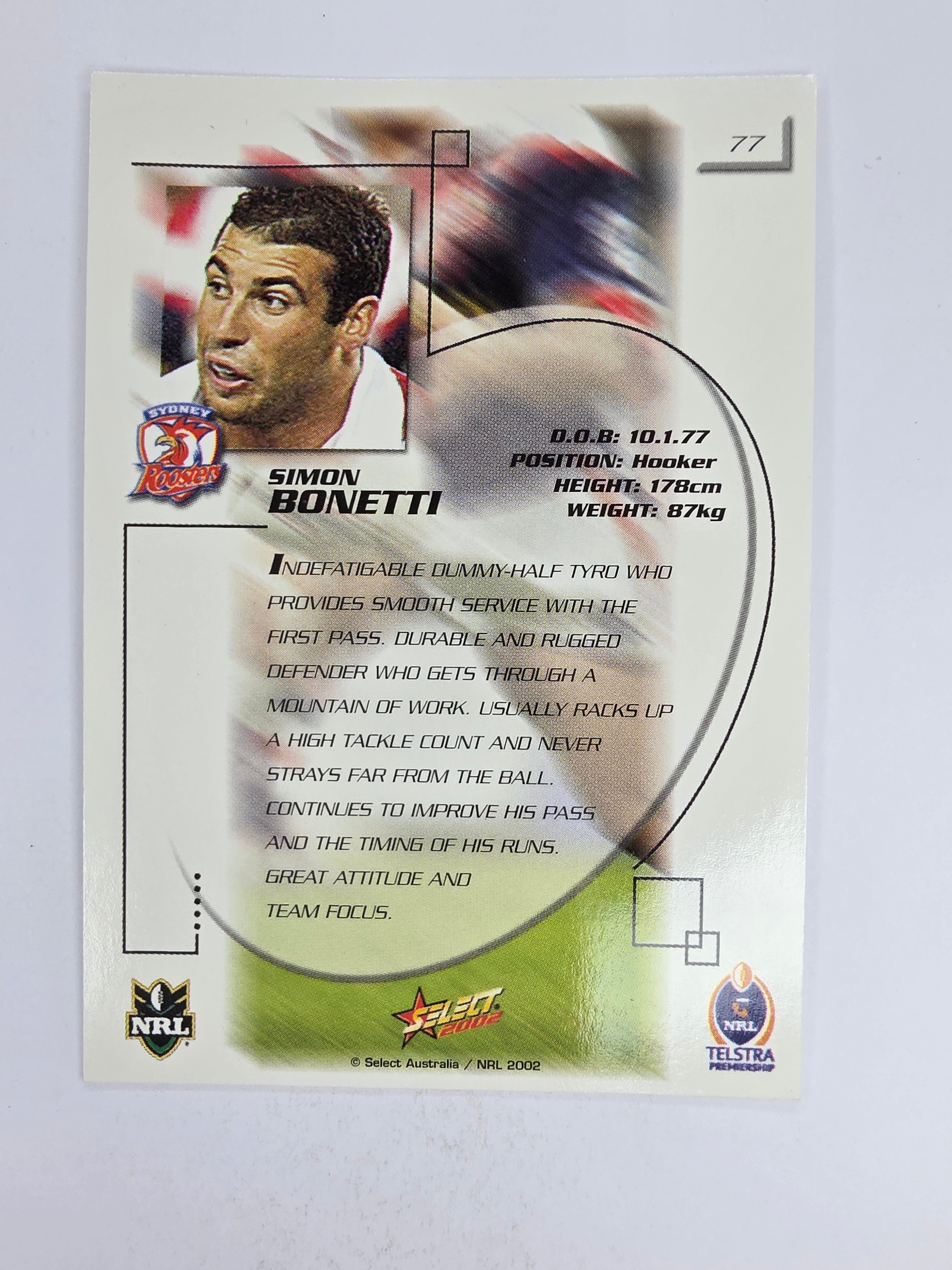 NRL 2002 Challenge Base Card #77 Simon Bonetti Sydney Roosters