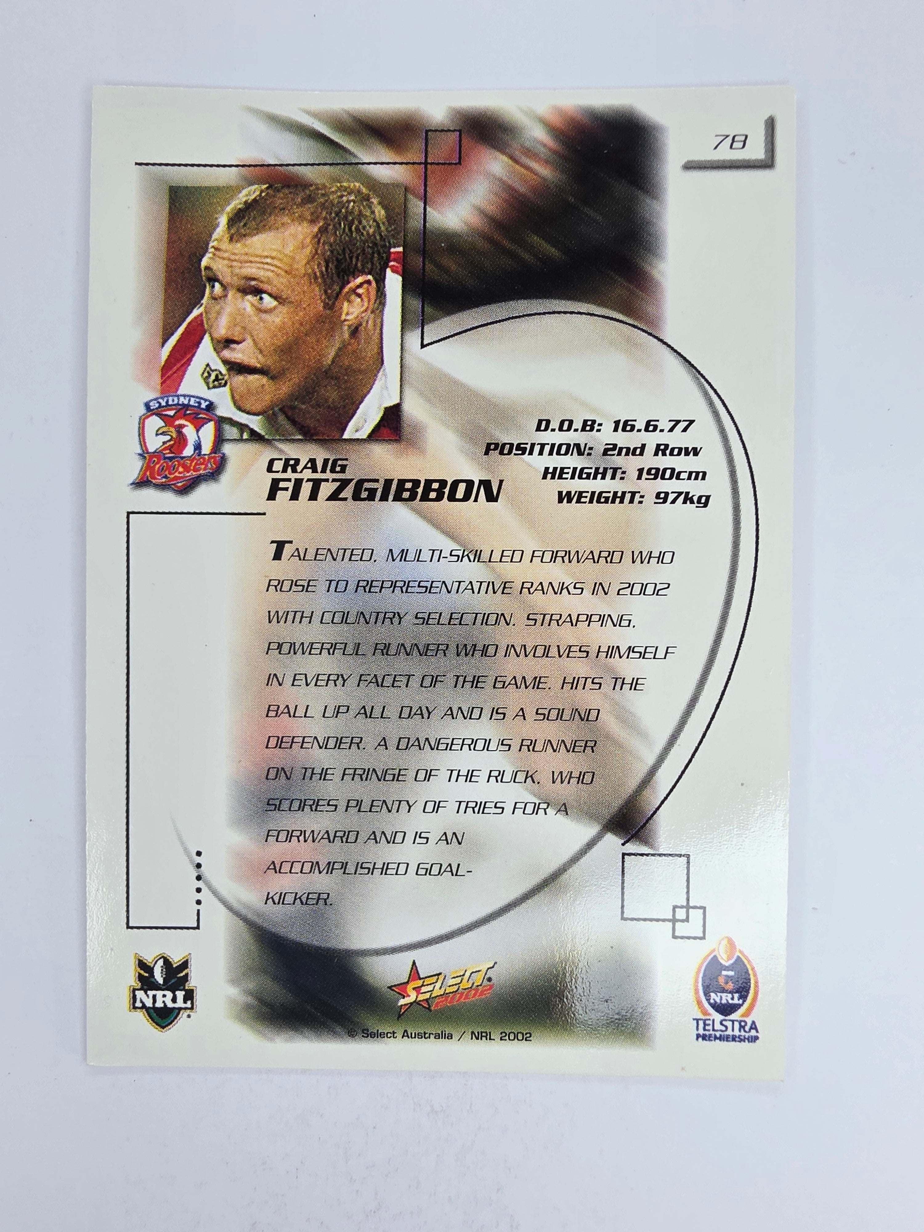NRL 2002 Challenge Base Card #78 Craig Fitzgibbon Sydney Roosters