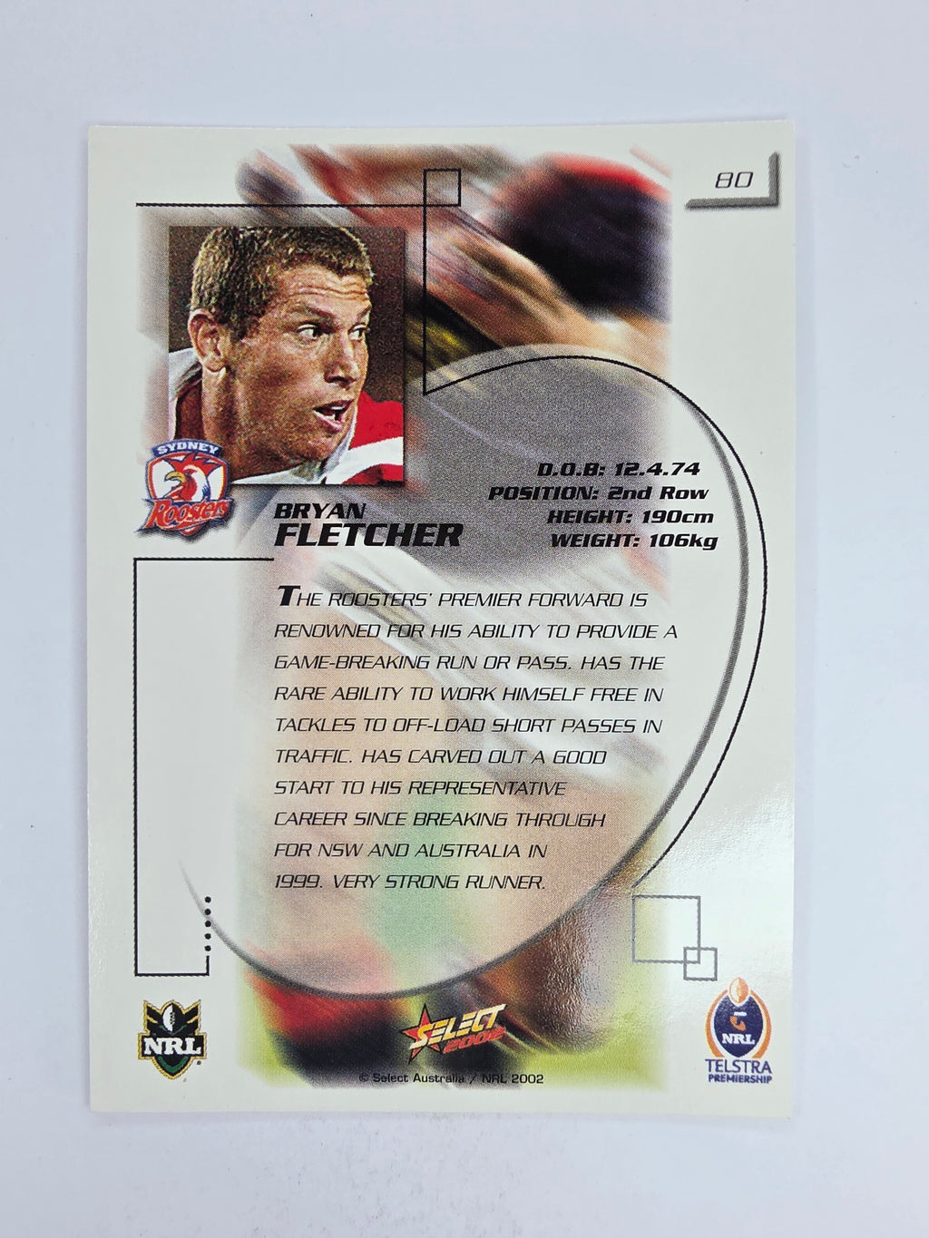 NRL 2002 Challenge Base Card #80 Bryan Fletcher Sydney Roosters