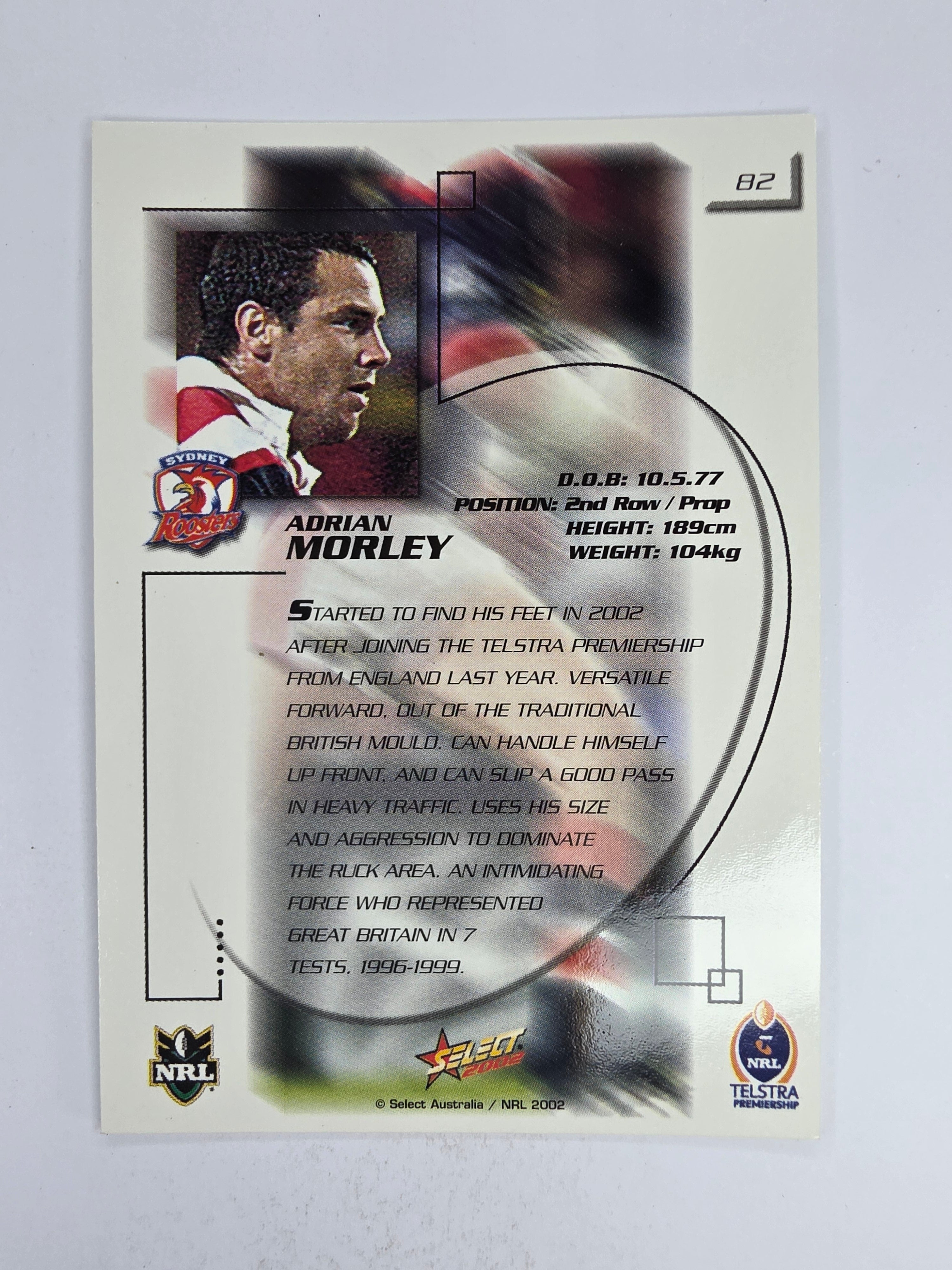 NRL 2002 Challenge Base Card #82 Adrian Morley Sydney Roosters