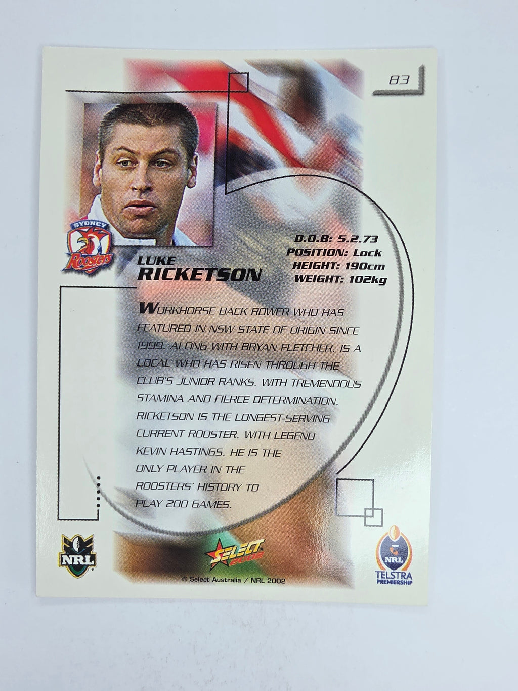 NRL 2002 Challenge Base Card #83 Luke Ricketson Sydney Roosters