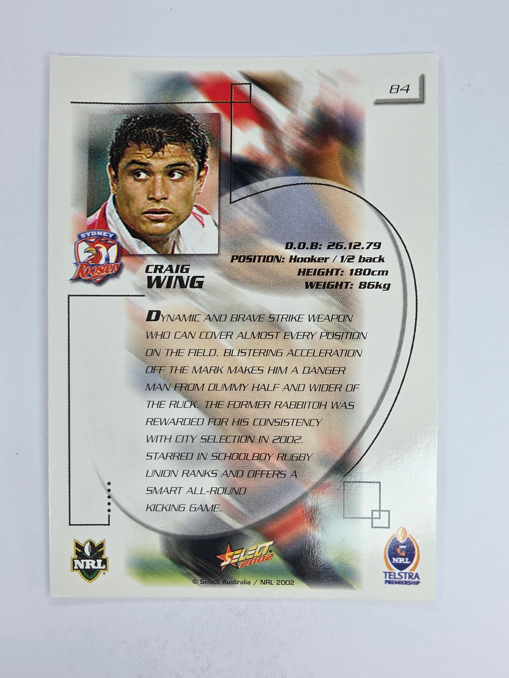 NRL 2002 Challenge Base Card #84 Craig Wing Sydney Roosters