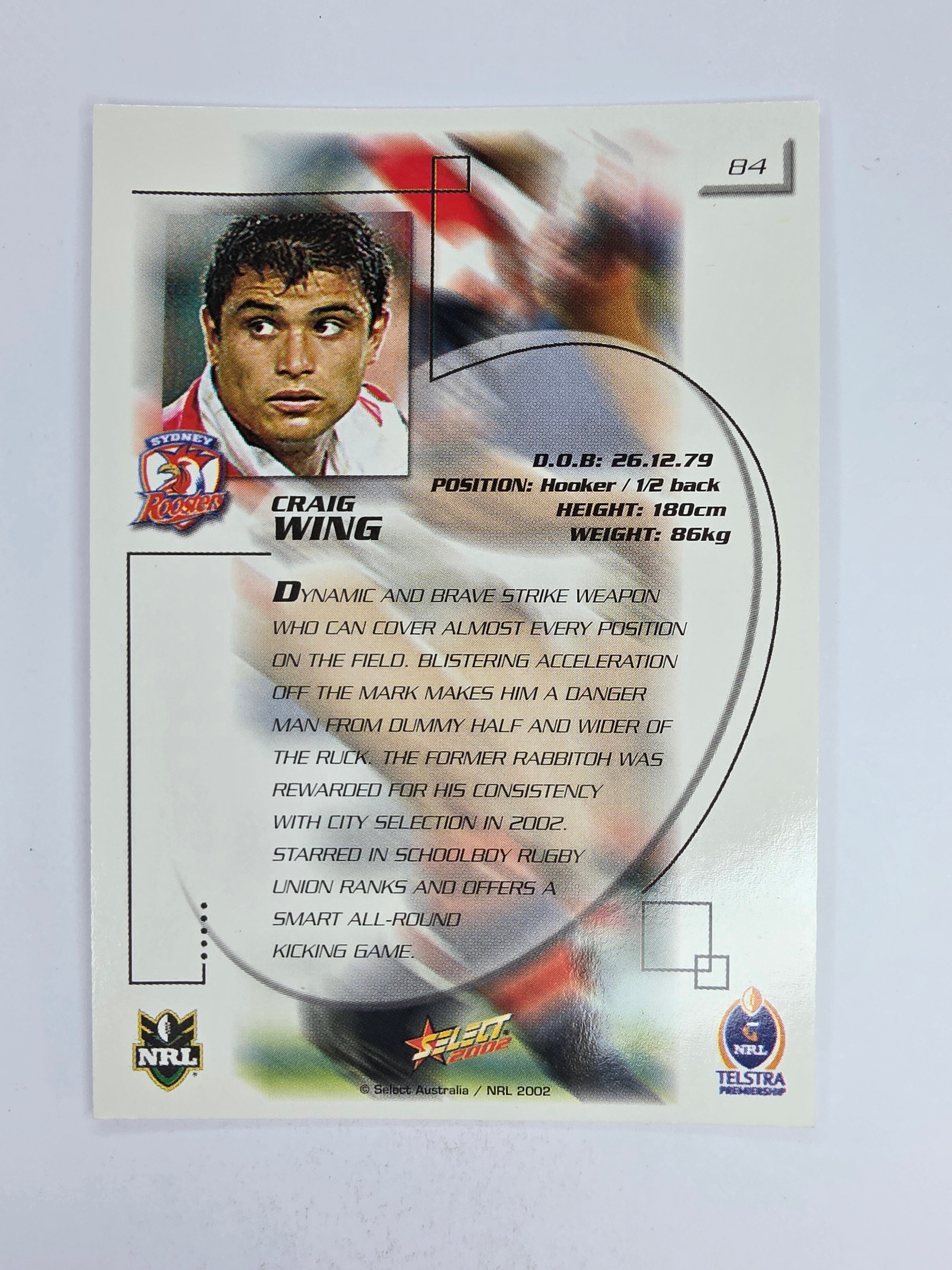 NRL 2002 Challenge Base Card #84 Craig Wing Sydney Roosters