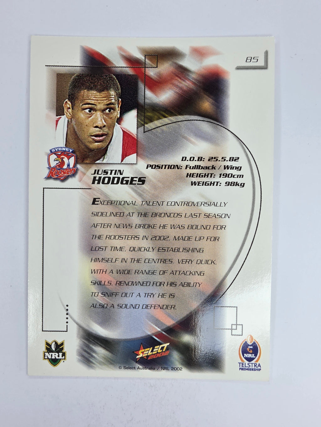 NRL 2002 Challenge Base Card #85 Justin Hodges Sydney Roosters