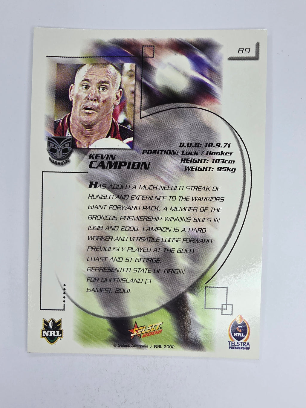 NRL 2002 Challenge Base Card #89 Kevin Campion New Zealand Warriors