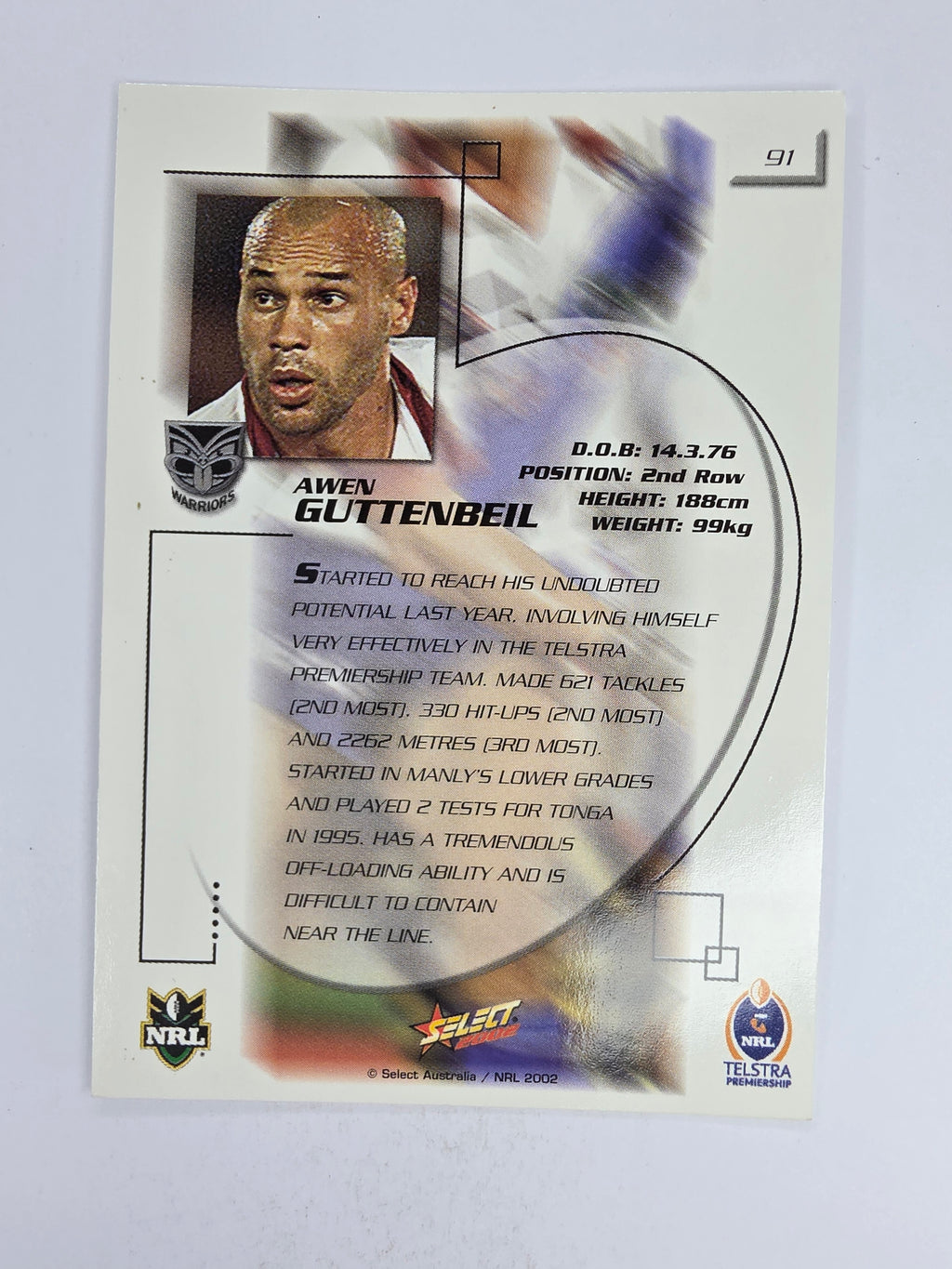 NRL 2002 Challenge Base Card #91 Awen Guttenbeil New Zealand Warriors