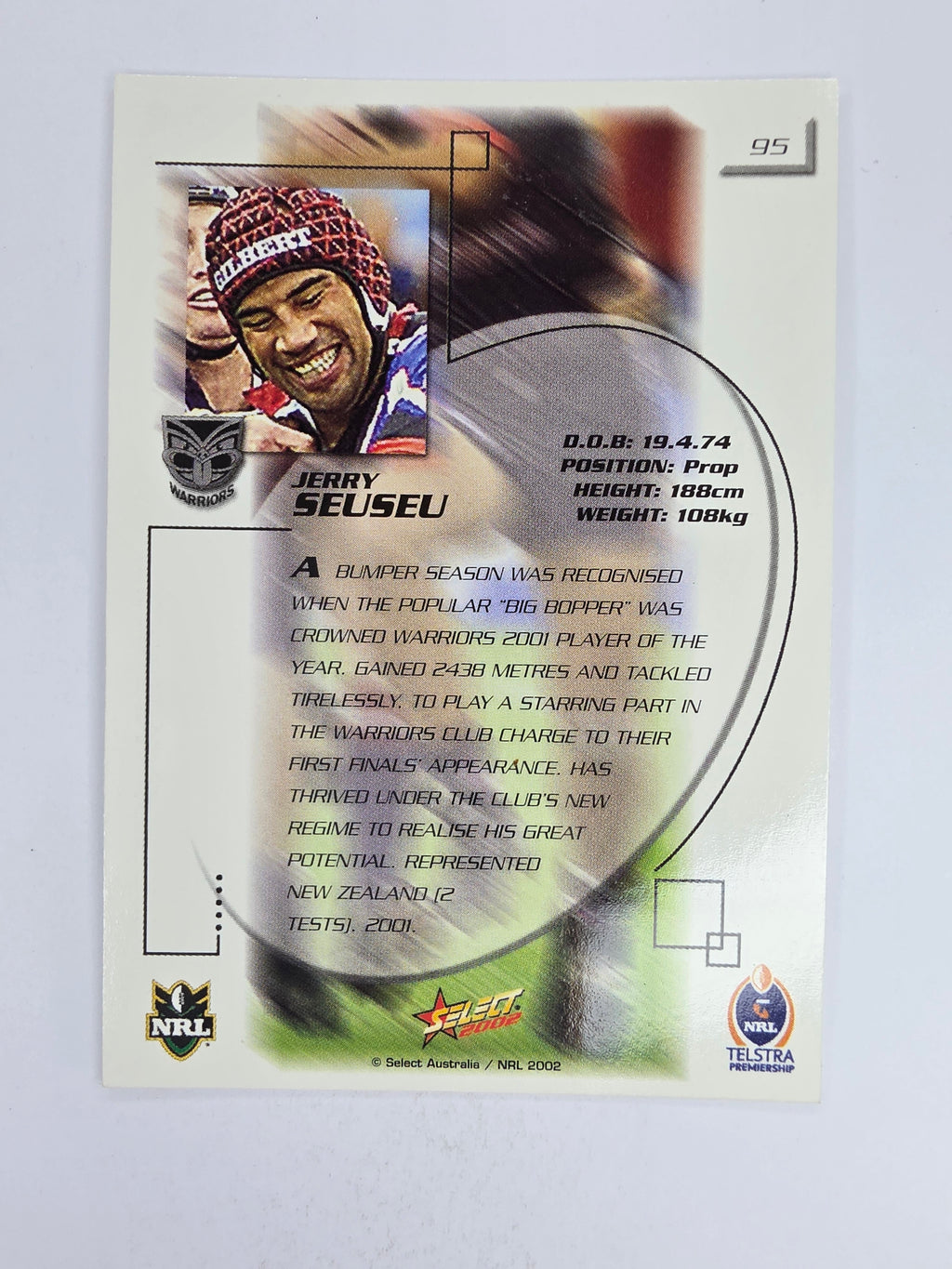 NRL 2002 Challenge Base Card #95 Jerry Seuseu New Zealand Warriors