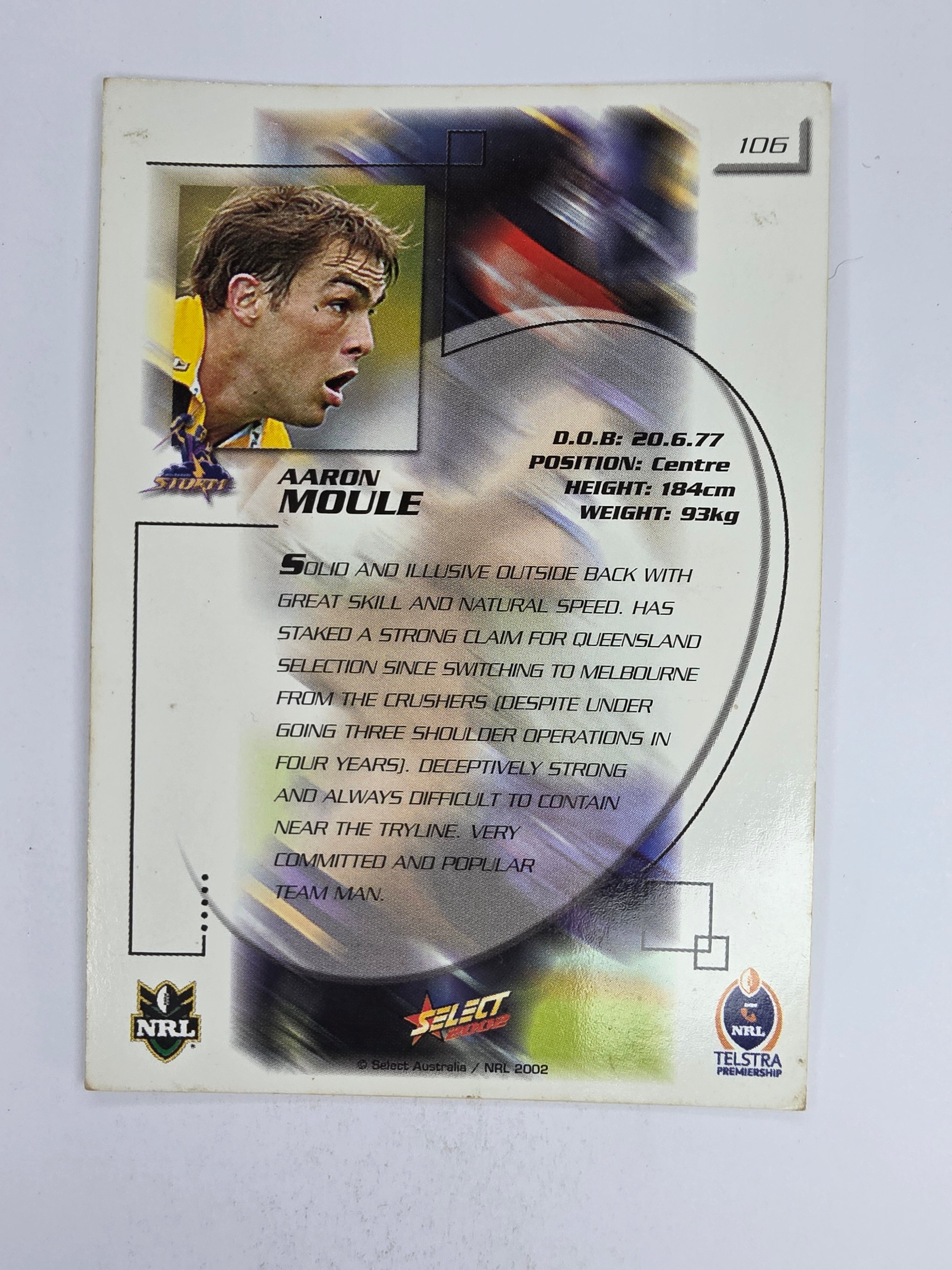 NRL 2002 Challenge Base Card #106 Aaron Moule Melbourne Storm