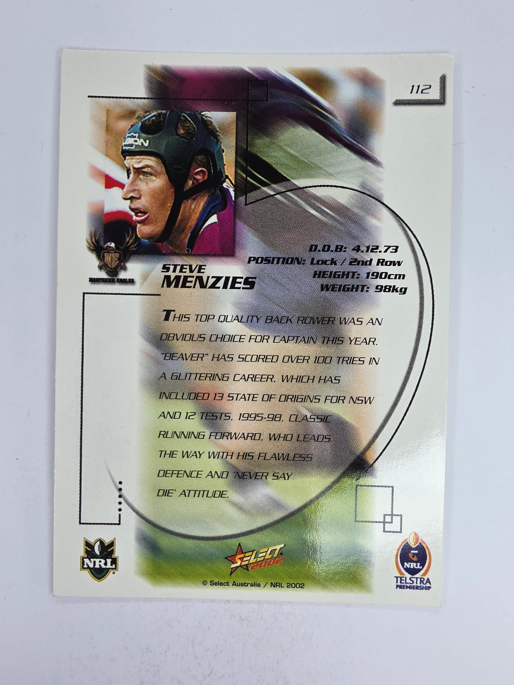 NRL 2002 Challenge Base Card #112 Steve Menzies Northern Eagles