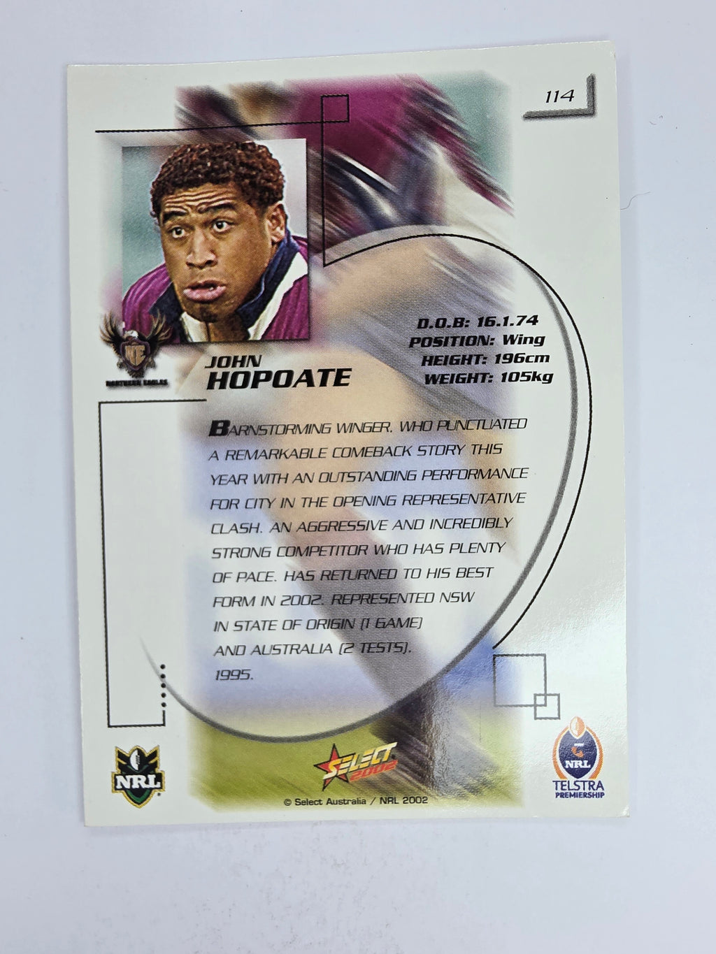 NRL 2002 Challenge Base Card #114 John Hopoate Northern Eagles
