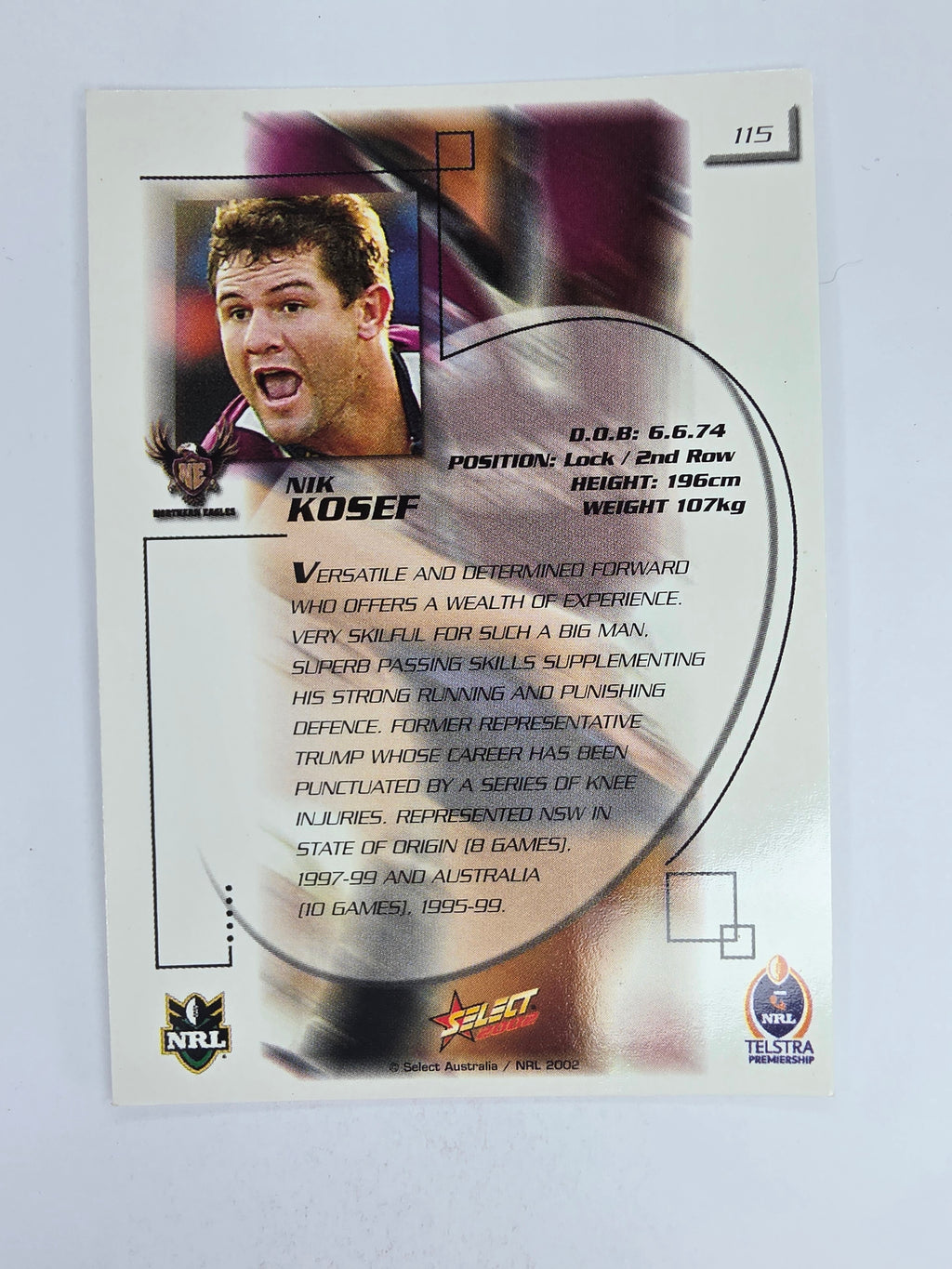 NRL 2002 Challenge Base Card #115 Nik Kosef Northern Eagles