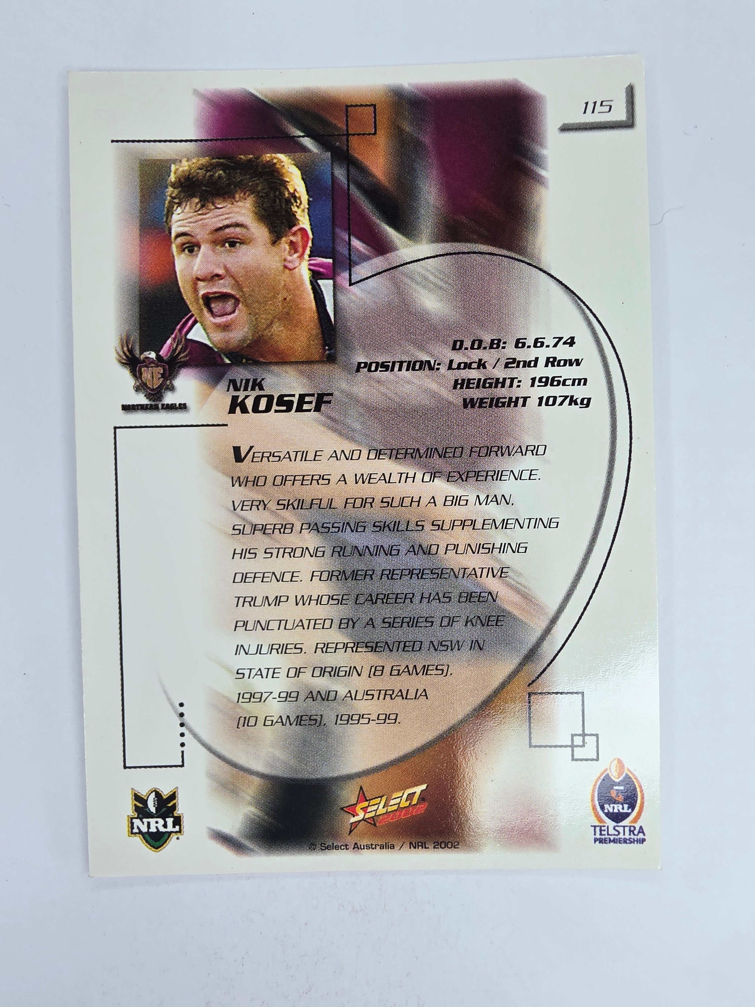 NRL 2002 Challenge Base Card #115 Nik Kosef Northern Eagles